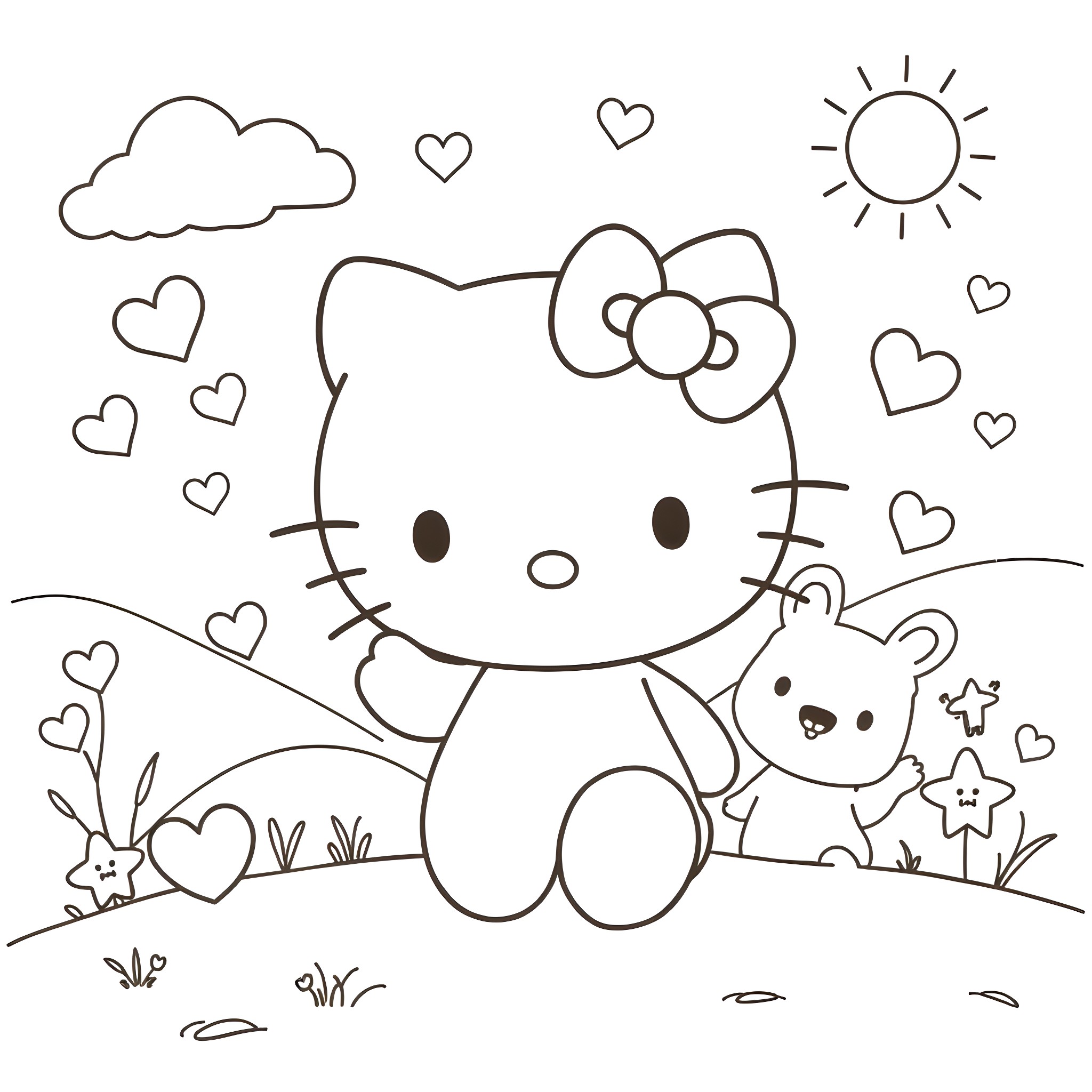 Hello Kitty playing with a cute teddy bear in nature Coloring Page (free black-and-white line drawing printable PDF for all, from beginners to advanced learners, including children, teens, adults, and seniors)