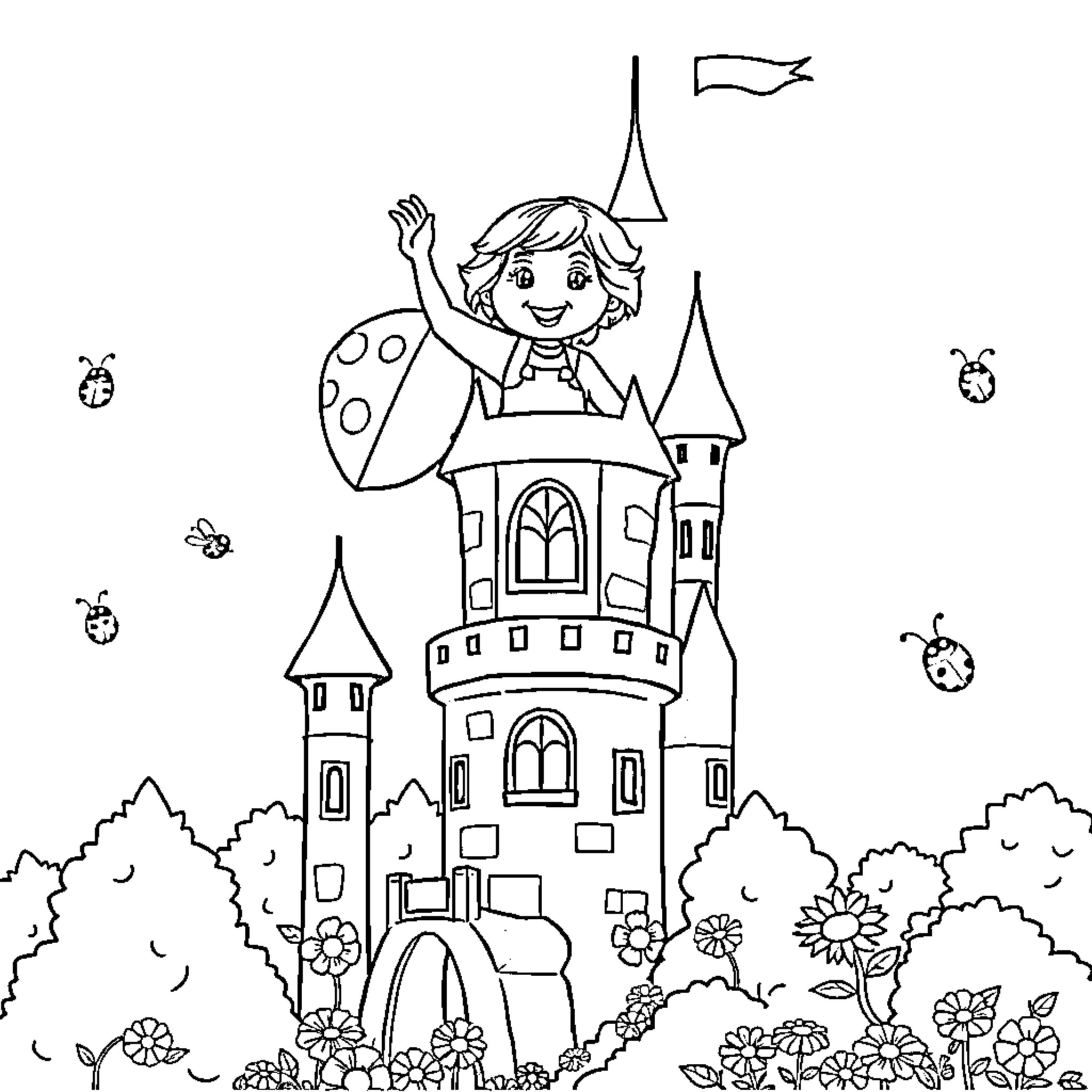 Ladybug exploring a whimsical castle in nature Coloring Page (free black-and-white line drawing printable PDF for all, from beginners to advanced learners, including children, teens, adults, and seniors)