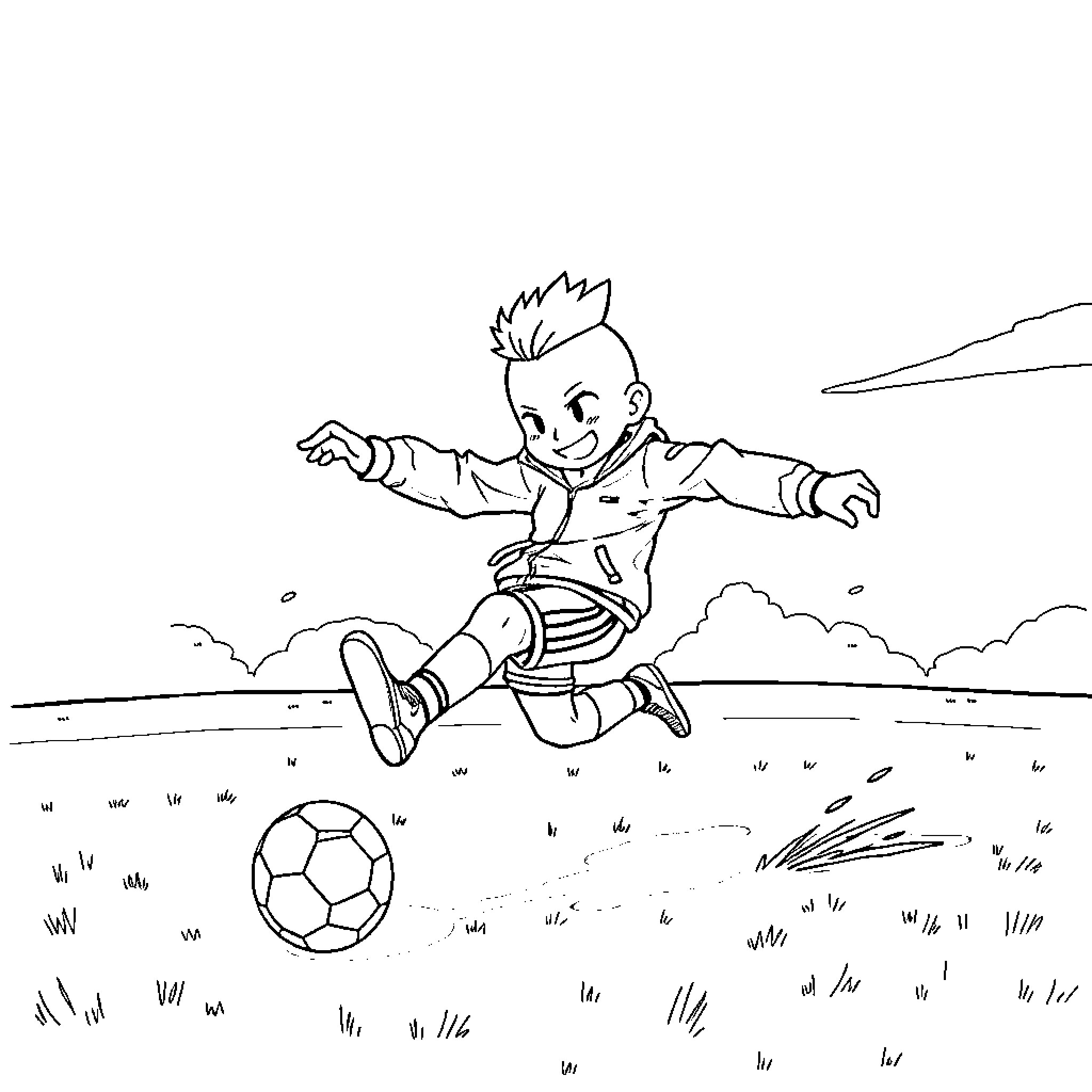 Sans joyful boy playing with soccer ball Coloring Page (free black-and-white line drawing printable PDF for all, from beginners to advanced learners, including children, teens, adults, and seniors)