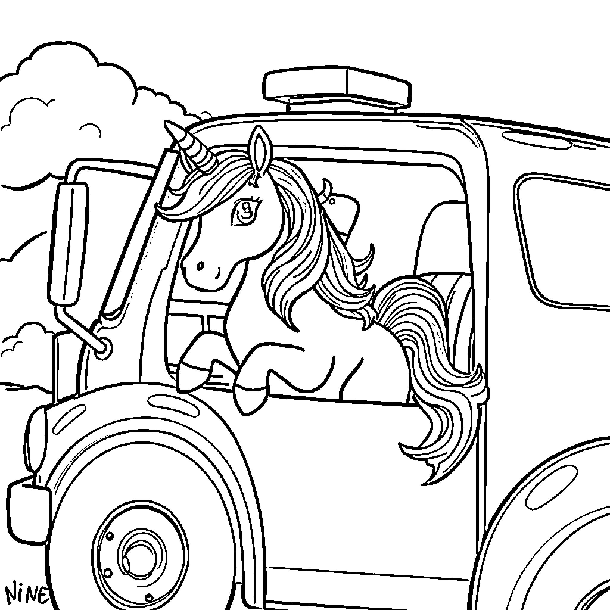 Unicorn riding a magical vehicle Coloring Page (free black-and-white line drawing printable PDF for all, from beginners to advanced learners, including children, teens, adults, and seniors)