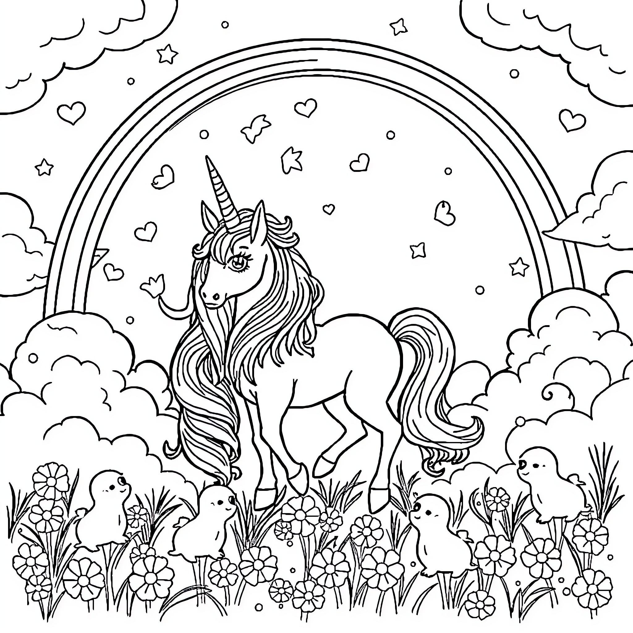 Unicorn standing proudly amidst whimsical scenes Coloring Page (free black-and-white line drawing printable PDF for all, from beginners to advanced learners, including children, teens, adults, and seniors)