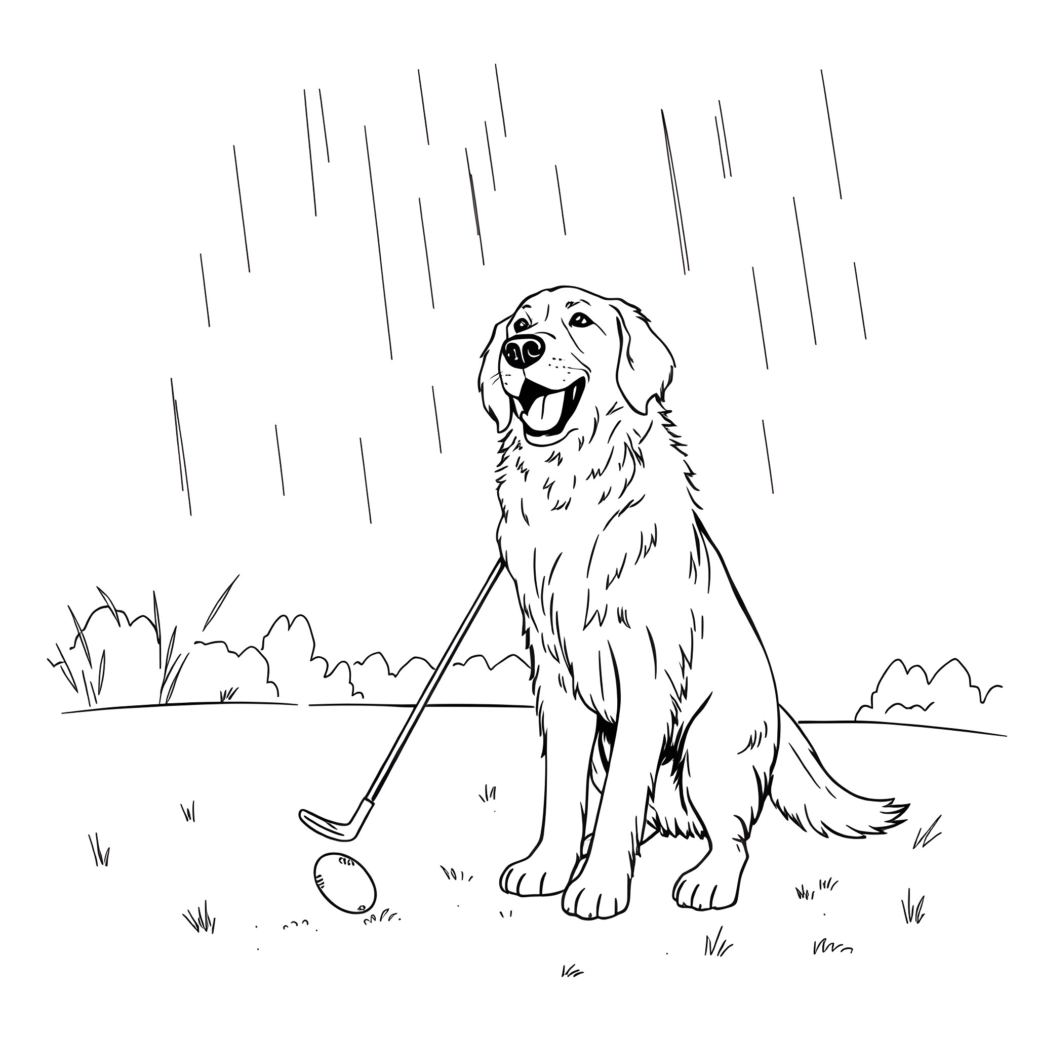 Golden Retriever playing with a golf ball in the rain Coloring Page (free black-and-white line drawing printable PDF for all, from beginners to advanced learners, including children, teens, adults, and seniors)