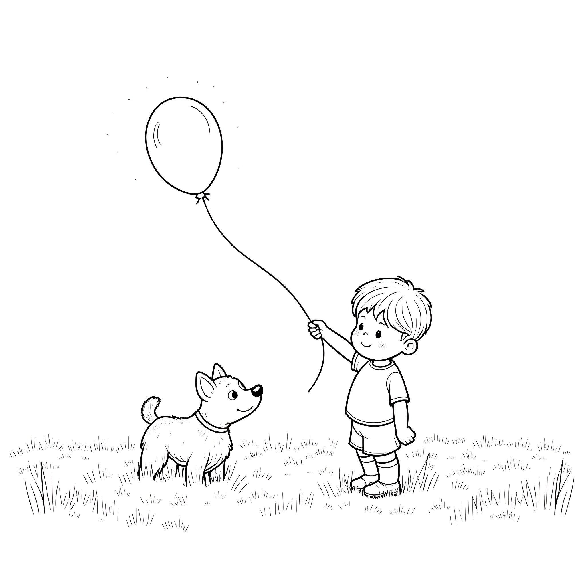 Boy playing with dog and balloon in the park Coloring Page (free black-and-white line drawing printable PDF for all, from beginners to advanced learners, including children, teens, adults, and seniors)
