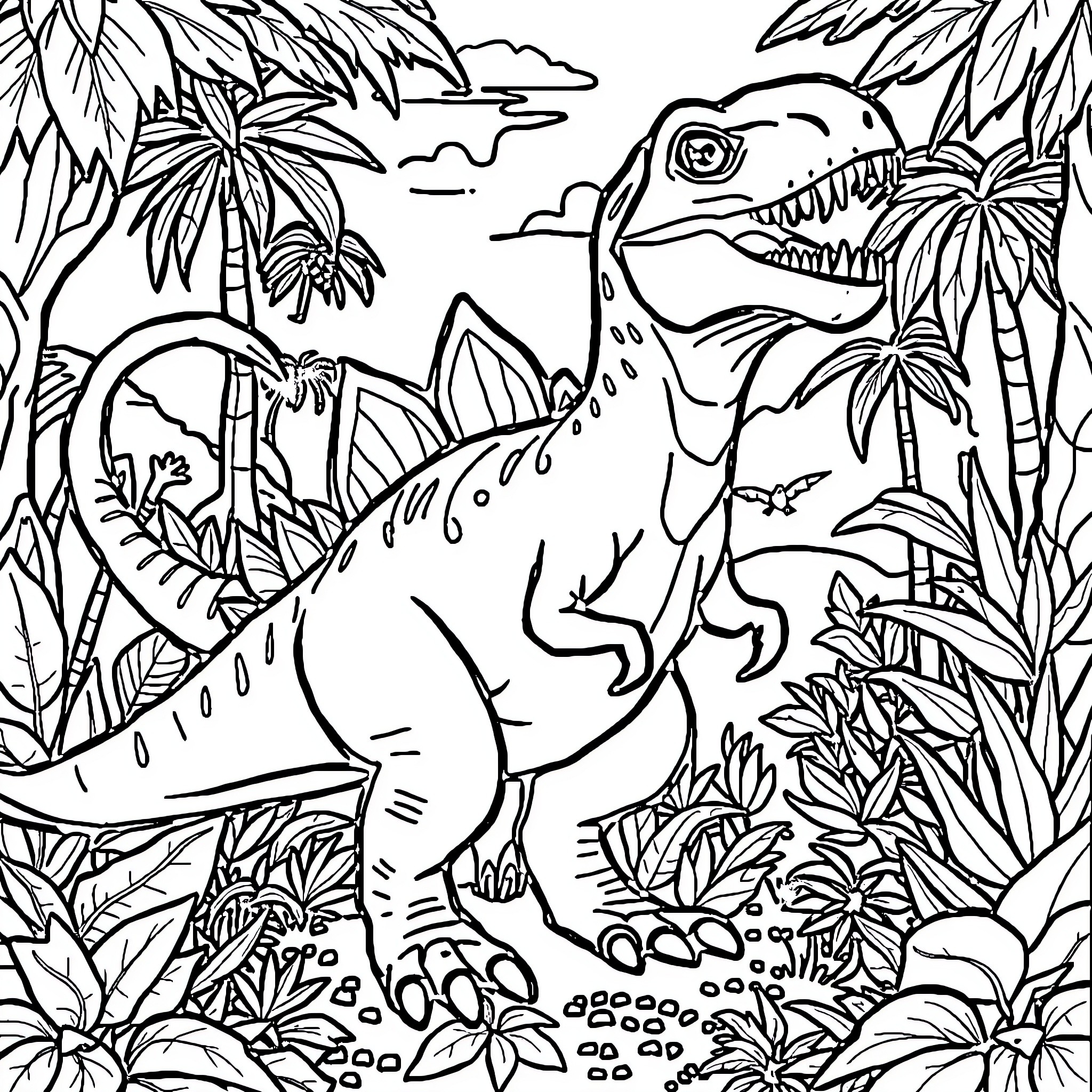 Dinosaur in a lush jungle landscape Coloring Page (free black-and-white line drawing printable PDF for all, from beginners to advanced learners, including children, teens, adults, and seniors)
