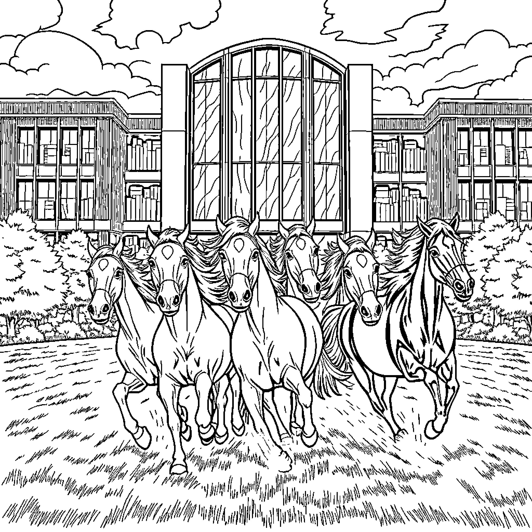 Racehorses galloping on the racetrack near grandstand Coloring Page (free black-and-white line drawing printable PDF for all, from beginners to advanced learners, including children, teens, adults, and seniors)
