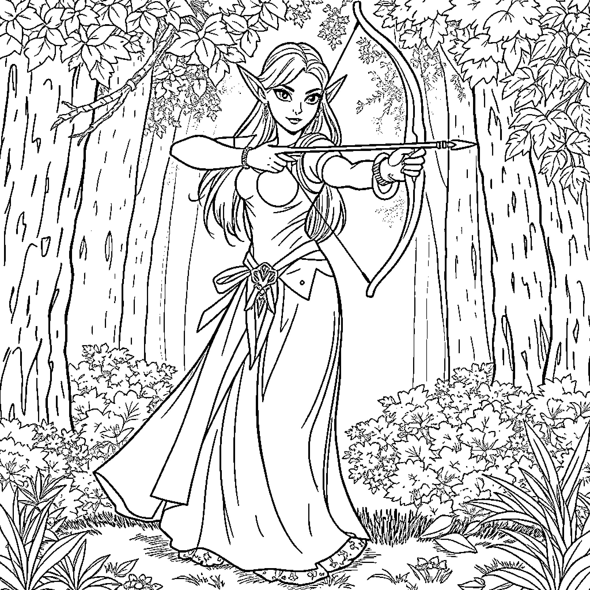 Elven Princess Wielding a Bow in the Enchanted Forest Coloring Page (free black-and-white line drawing printable PDF for all, from beginners to advanced learners, including children, teens, adults, and seniors)
