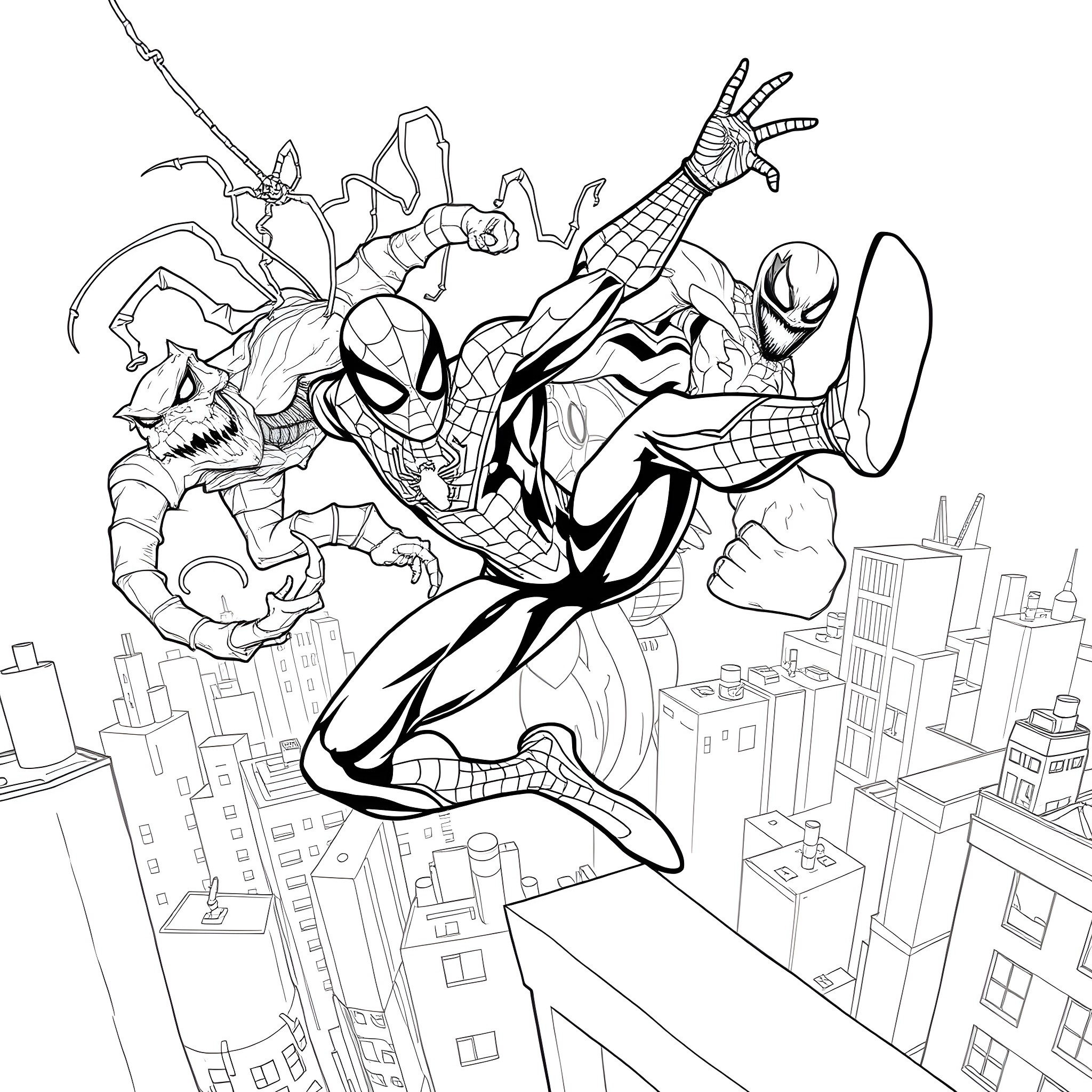 Spiderman swinging through the city in action Coloring Page (free black-and-white line drawing printable PDF for all, from beginners to advanced learners, including children, teens, adults, and seniors)