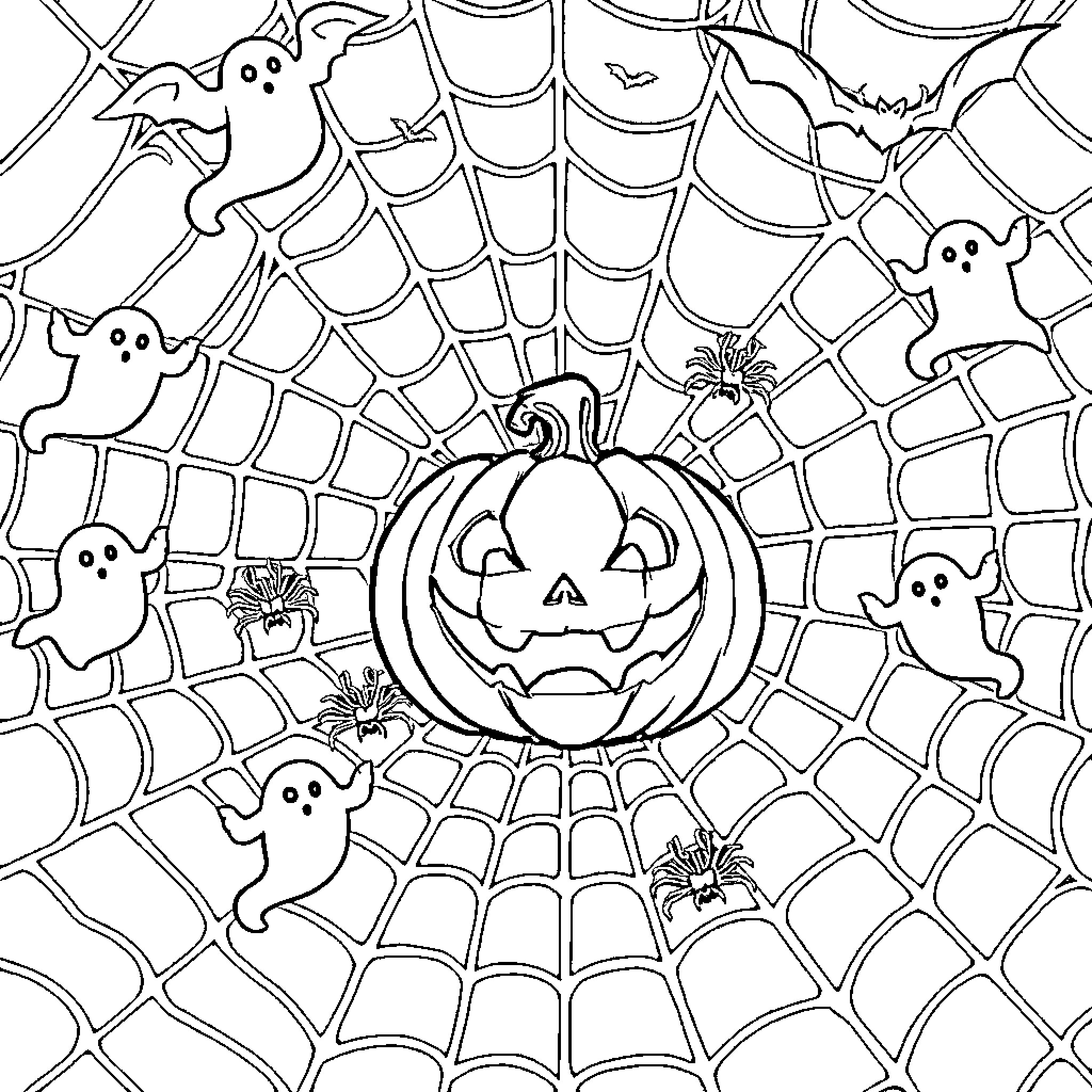 Jack-o'-lantern surrounded by ghostly figures in a spiderweb Coloring Page (free black-and-white line drawing printable PDF for all, from beginners to advanced learners, including children, teens, adults, and seniors)