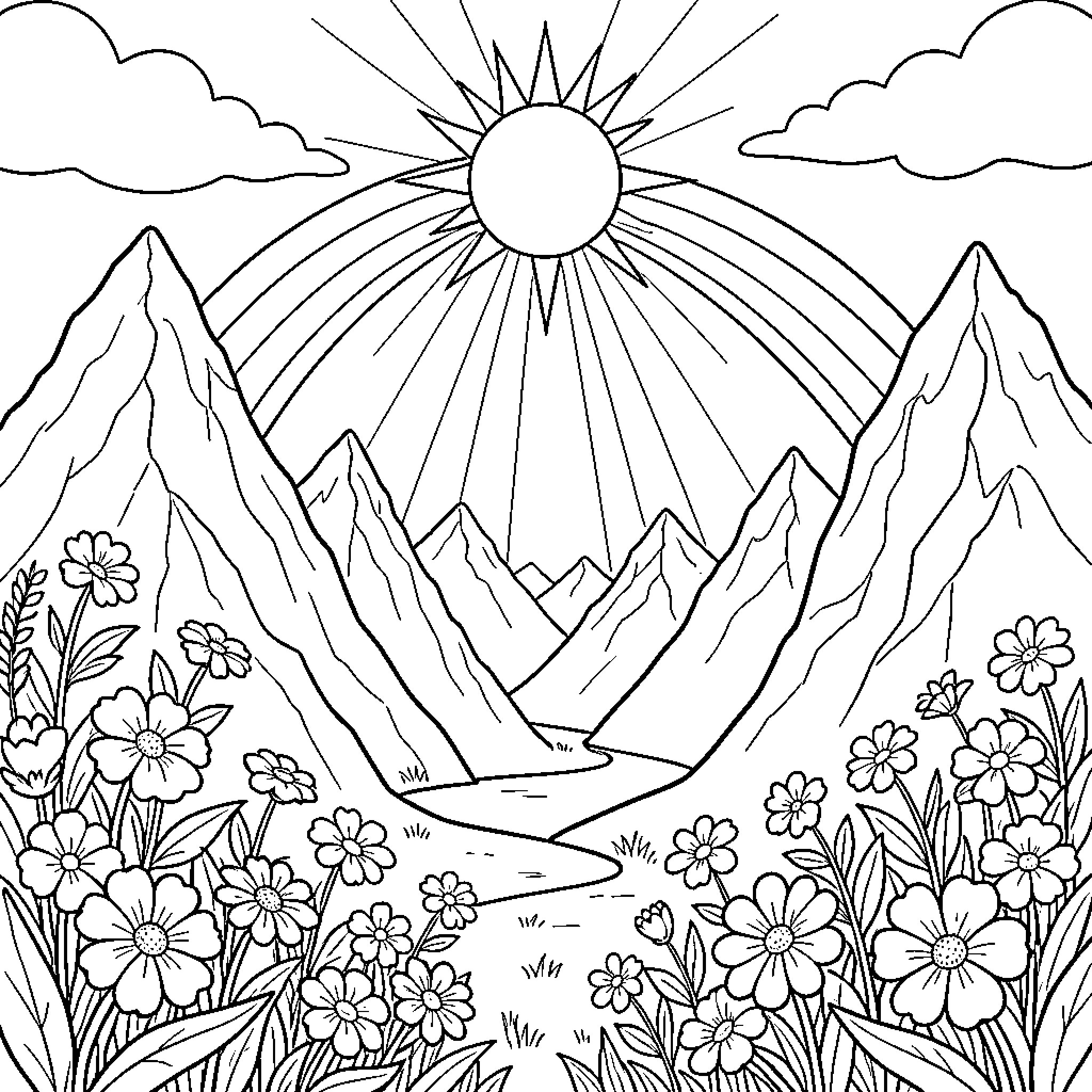 Sun shining brightly over mountains and flower fields Coloring Page (free black-and-white line drawing printable PDF for all, from beginners to advanced learners, including children, teens, adults, and seniors)