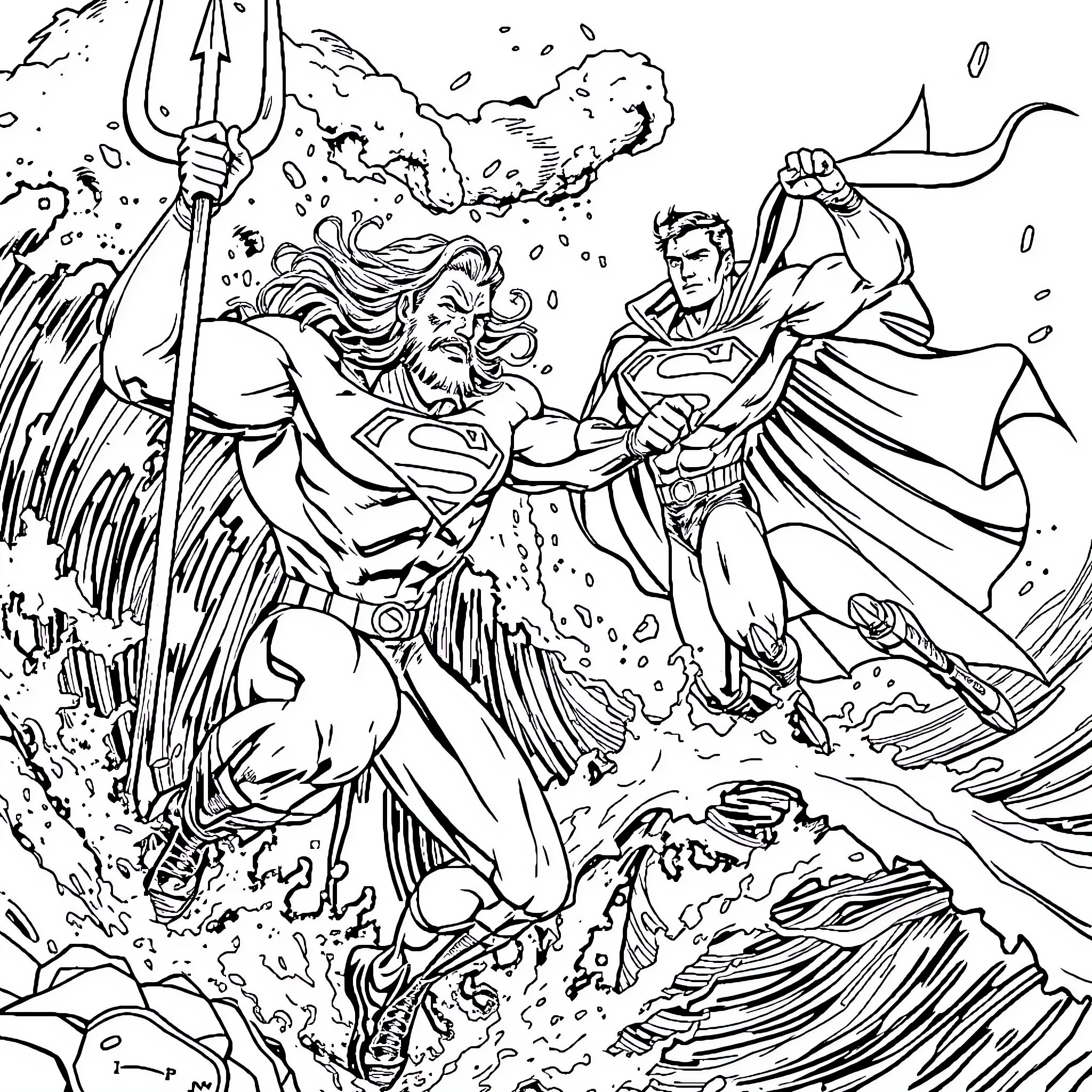 Aquaman confronting a fierce warrior in a watery battle Coloring Page (free black-and-white line drawing printable PDF for all, from beginners to advanced learners, including children, teens, adults, and seniors)