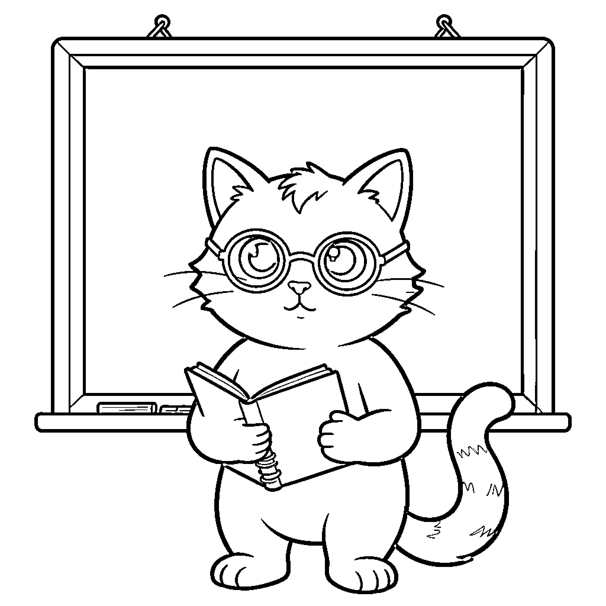 Kitty Reading a Book at School Coloring Page (free black-and-white line drawing printable PDF for all, from beginners to advanced learners, including children, teens, adults, and seniors)