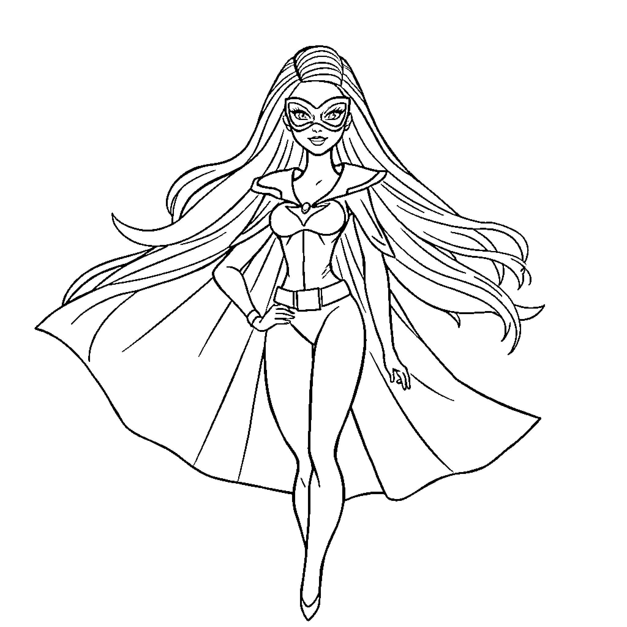 Barbie in superhero costume with long flowing hair Coloring Page (free black-and-white line drawing printable PDF for all, from beginners to advanced learners, including children, teens, adults, and seniors)