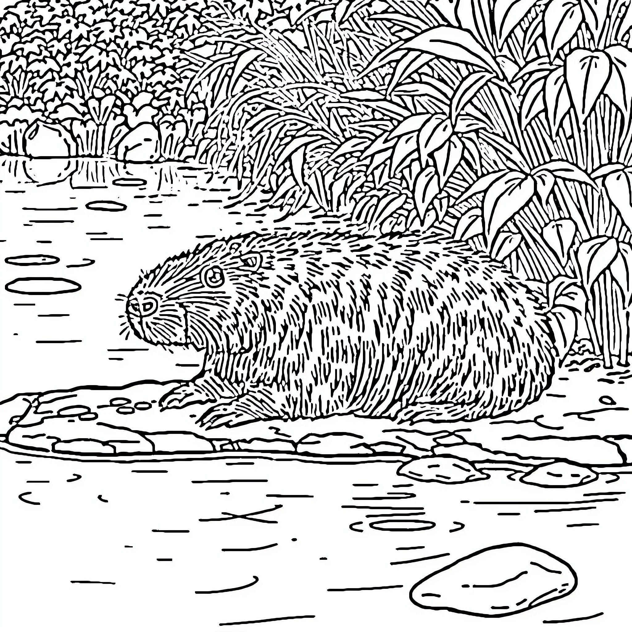 Capybara resting by the serene lake Coloring Page (free black-and-white line drawing printable PDF for all, from beginners to advanced learners, including children, teens, adults, and seniors)