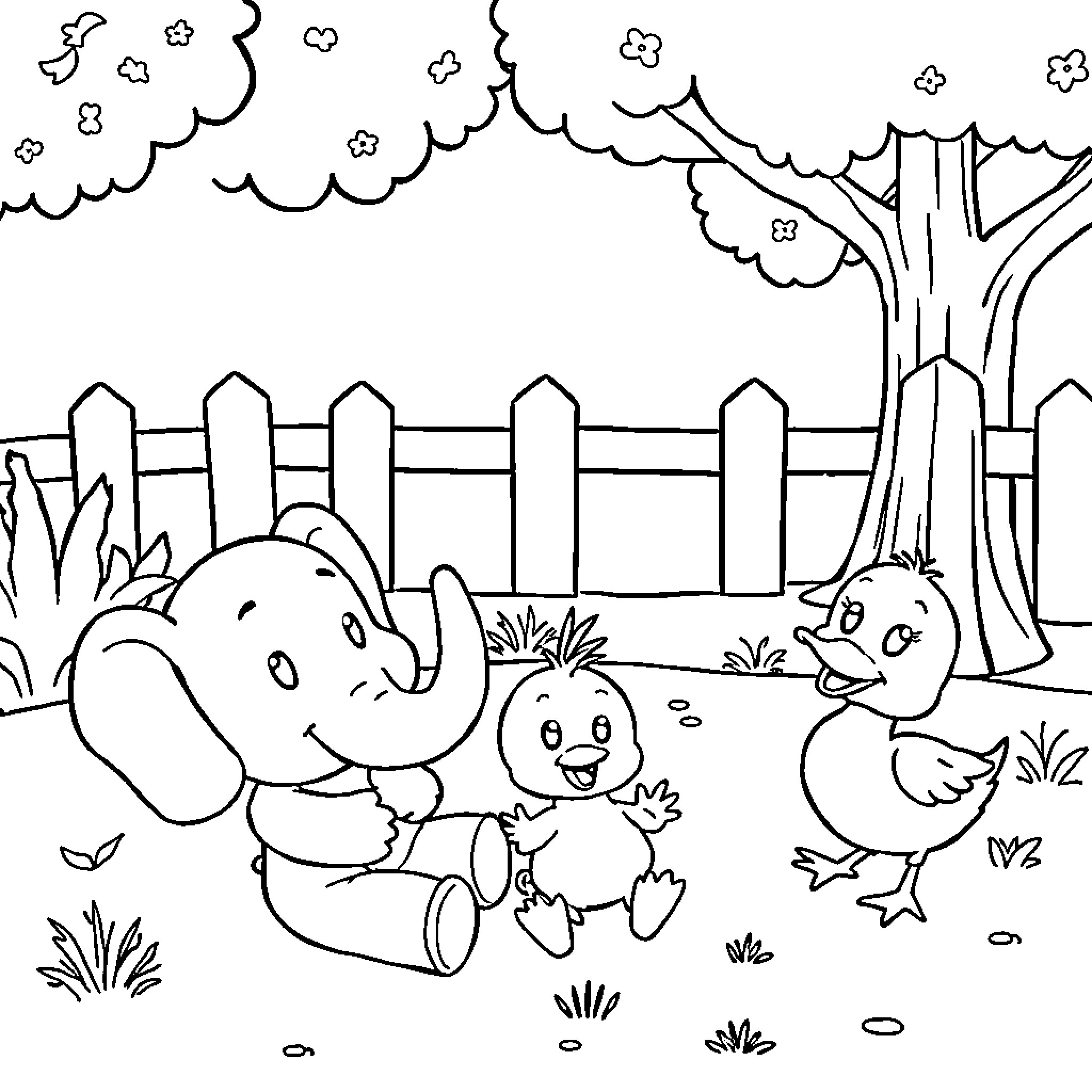 Pocoyo and friends playing in the yard Coloring Page (free black-and-white line drawing printable PDF for all, from beginners to advanced learners, including children, teens, adults, and seniors)