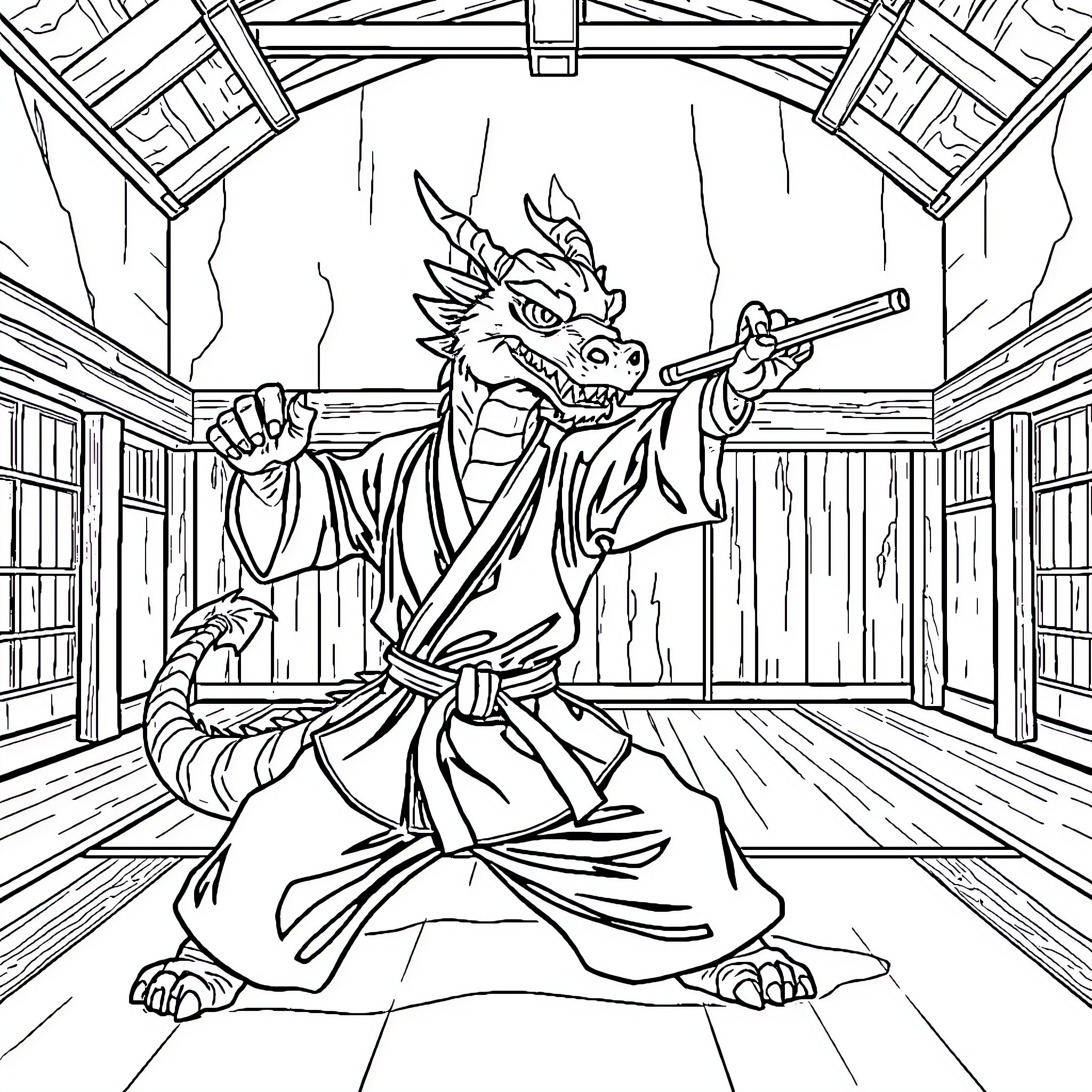 Dragon Warrior wielding a sword in a traditional Japanese setting Coloring Page (free black-and-white line drawing printable PDF for all, from beginners to advanced learners, including children, teens, adults, and seniors)