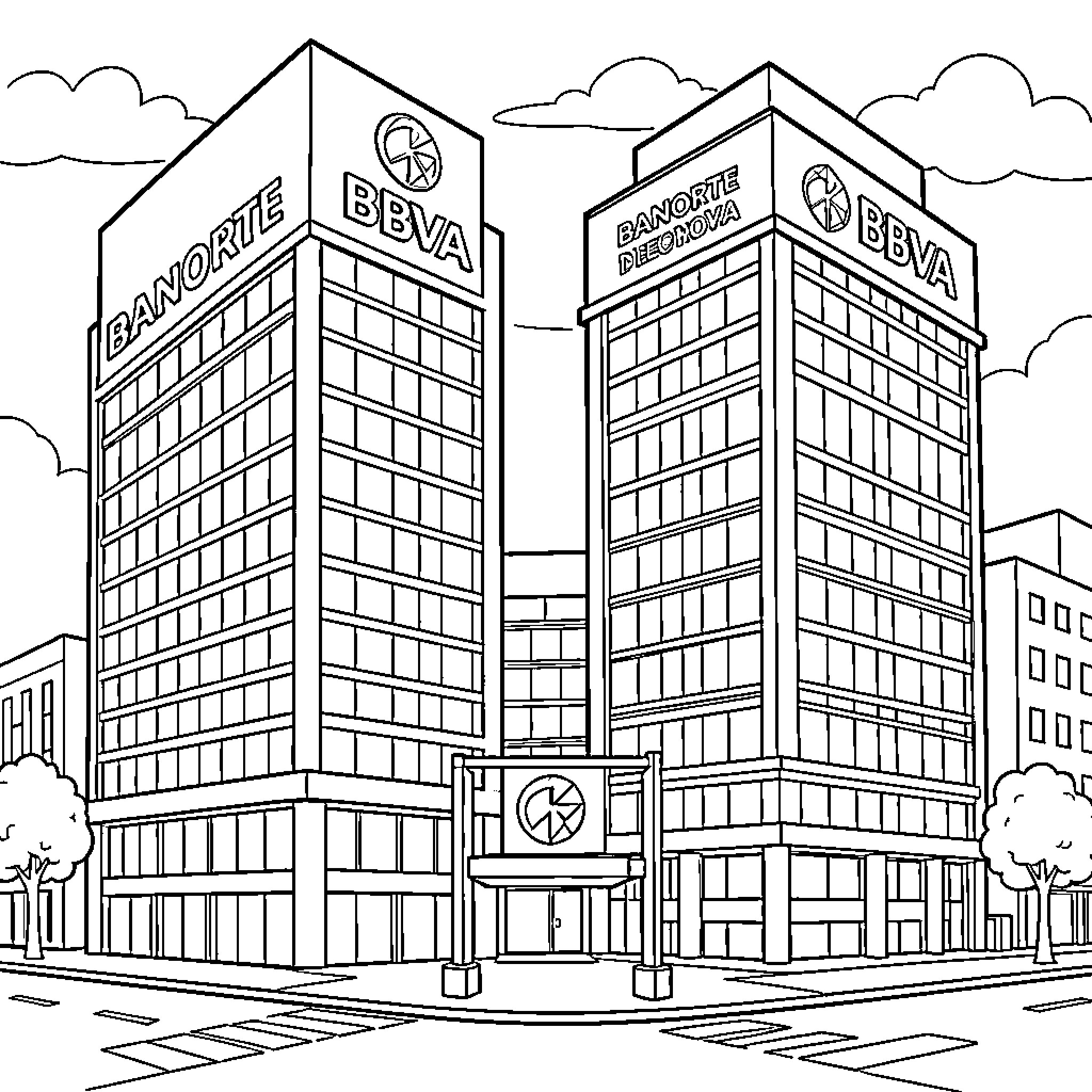 Bank buildings with distinctive architecture Coloring Page (free black-and-white line drawing printable PDF for all, from beginners to advanced learners, including children, teens, adults, and seniors)