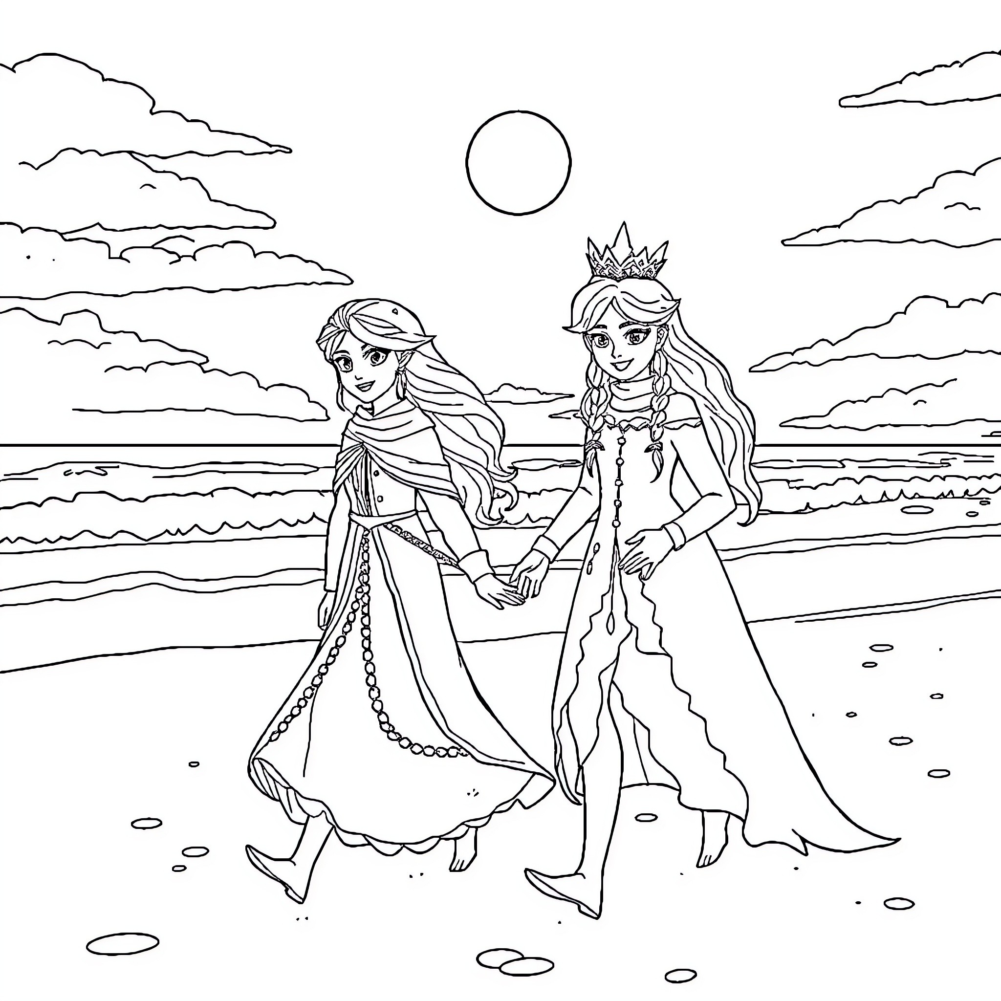 Queen's Enchanting Beach Stroll with Companion Coloring Page (free black-and-white line drawing printable PDF for all, from beginners to advanced learners, including children, teens, adults, and seniors)
