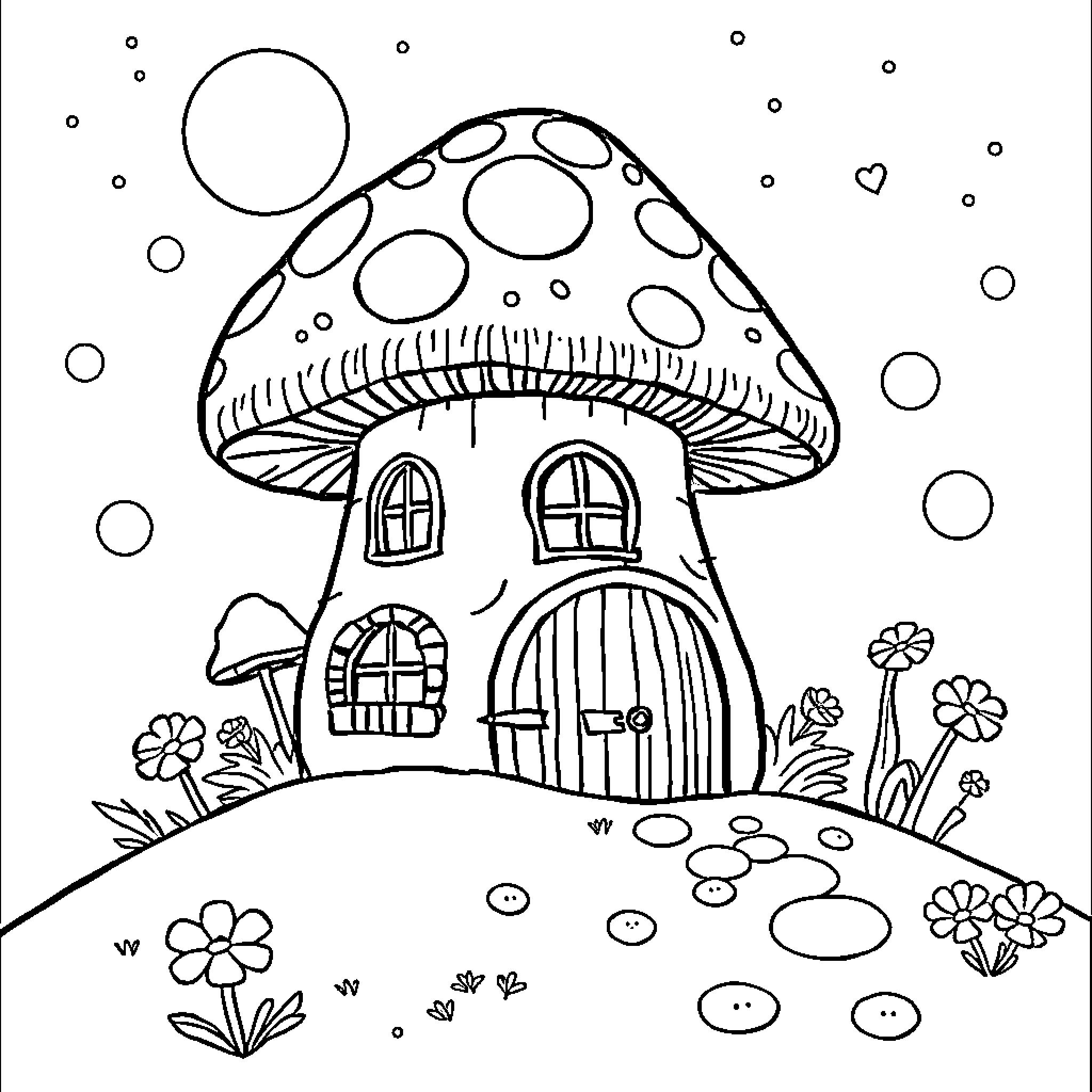 Mushroom house in a whimsical landscape Coloring Page (free black-and-white line drawing printable PDF for all, from beginners to advanced learners, including children, teens, adults, and seniors)