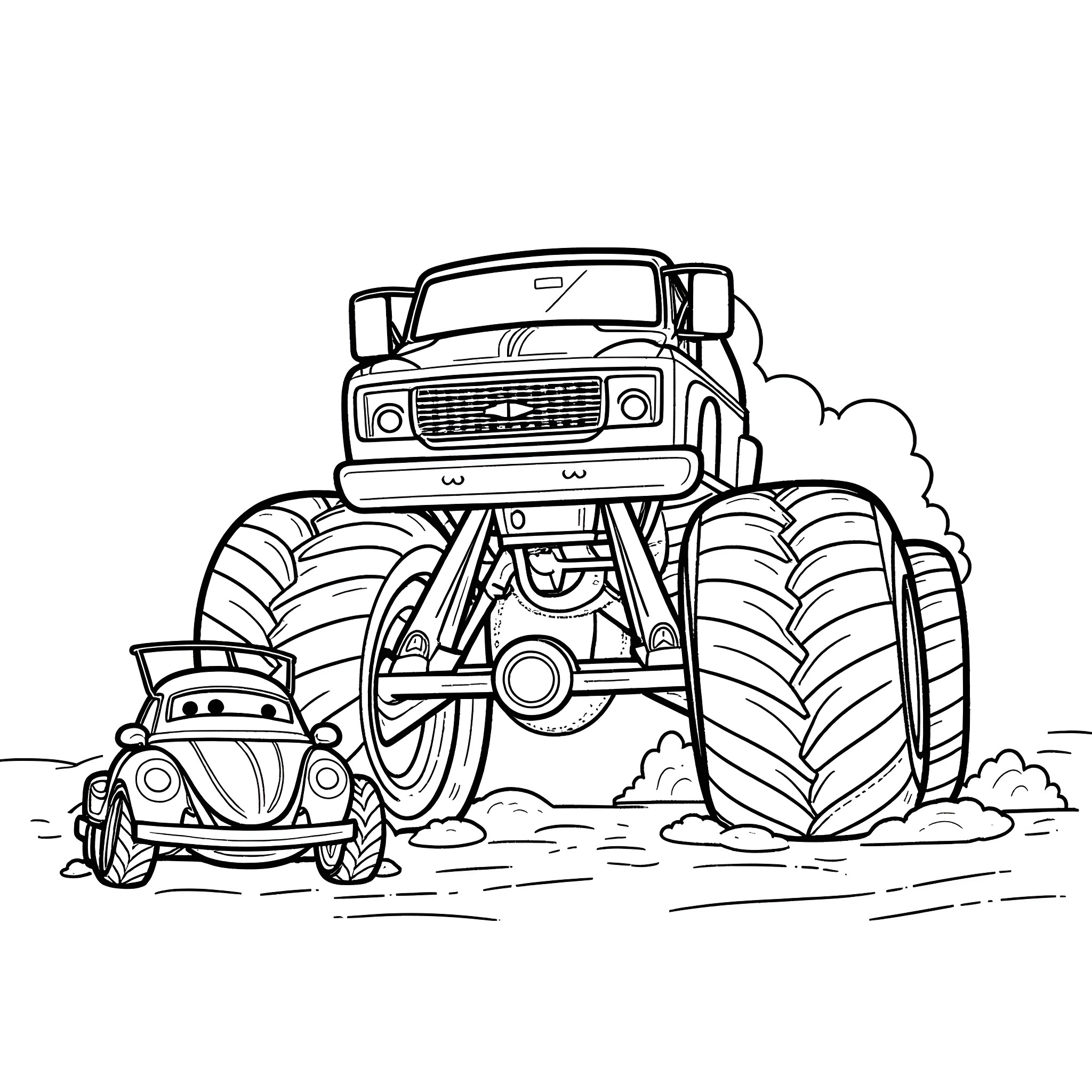Monster Truck crushing smaller car on the road Coloring Page (free black-and-white line drawing printable PDF for all, from beginners to advanced learners, including children, teens, adults, and seniors)
