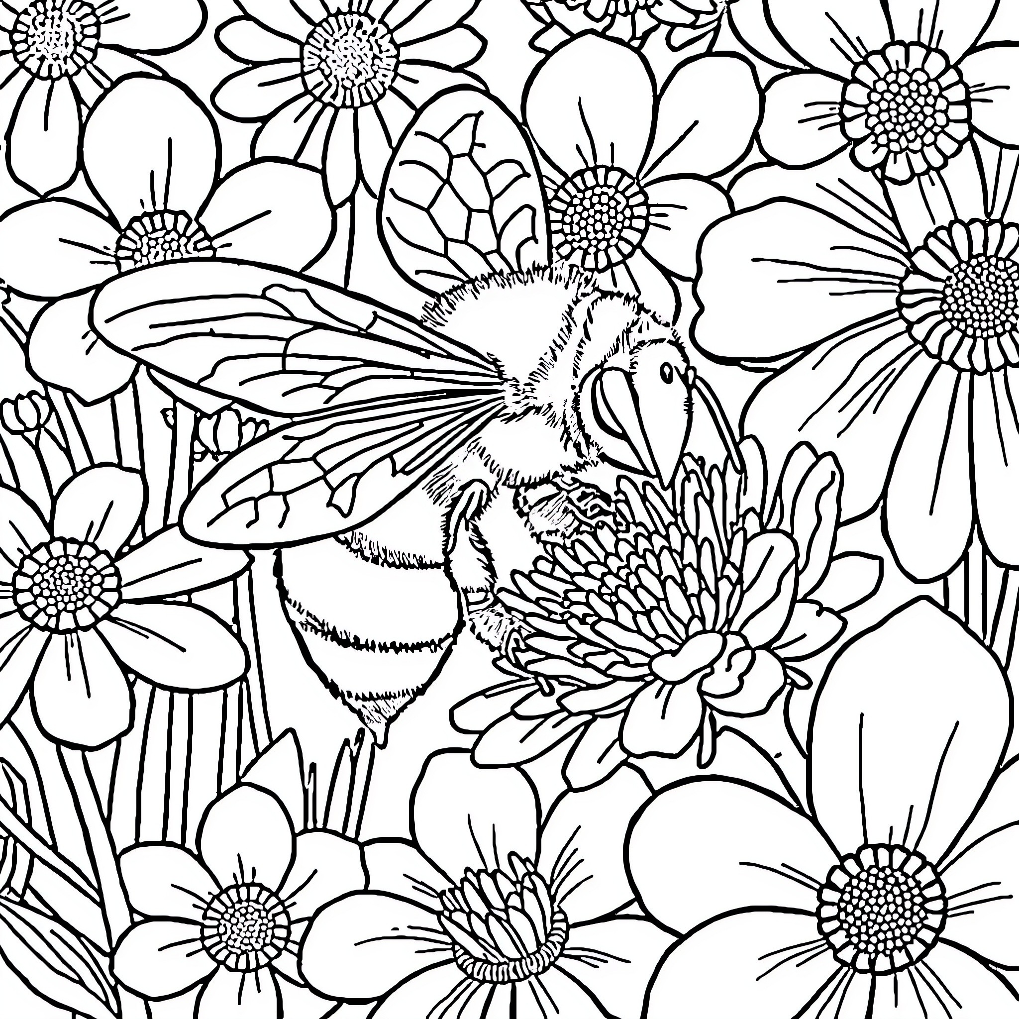 Honeybee pollinating vibrant floral scene Coloring Page (free black-and-white line drawing printable PDF for all, from beginners to advanced learners, including children, teens, adults, and seniors)