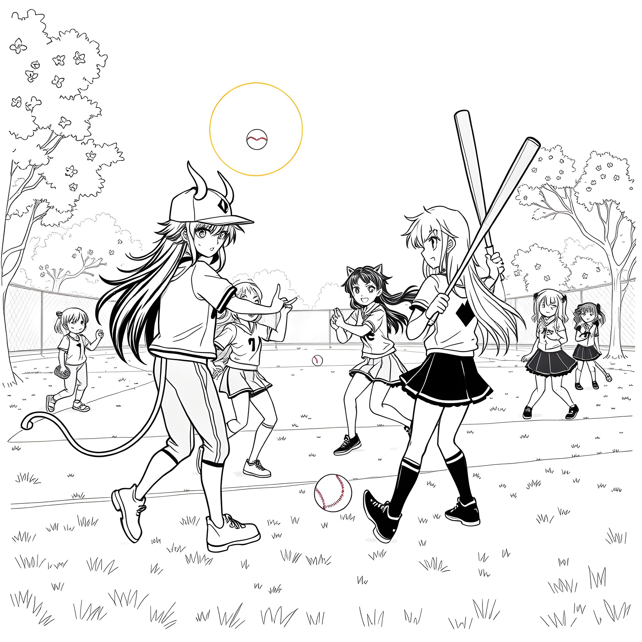 Demon Slayer Characters in Outdoor Setting Coloring Page (free black-and-white line drawing printable PDF for all, from beginners to advanced learners, including children, teens, adults, and seniors)
