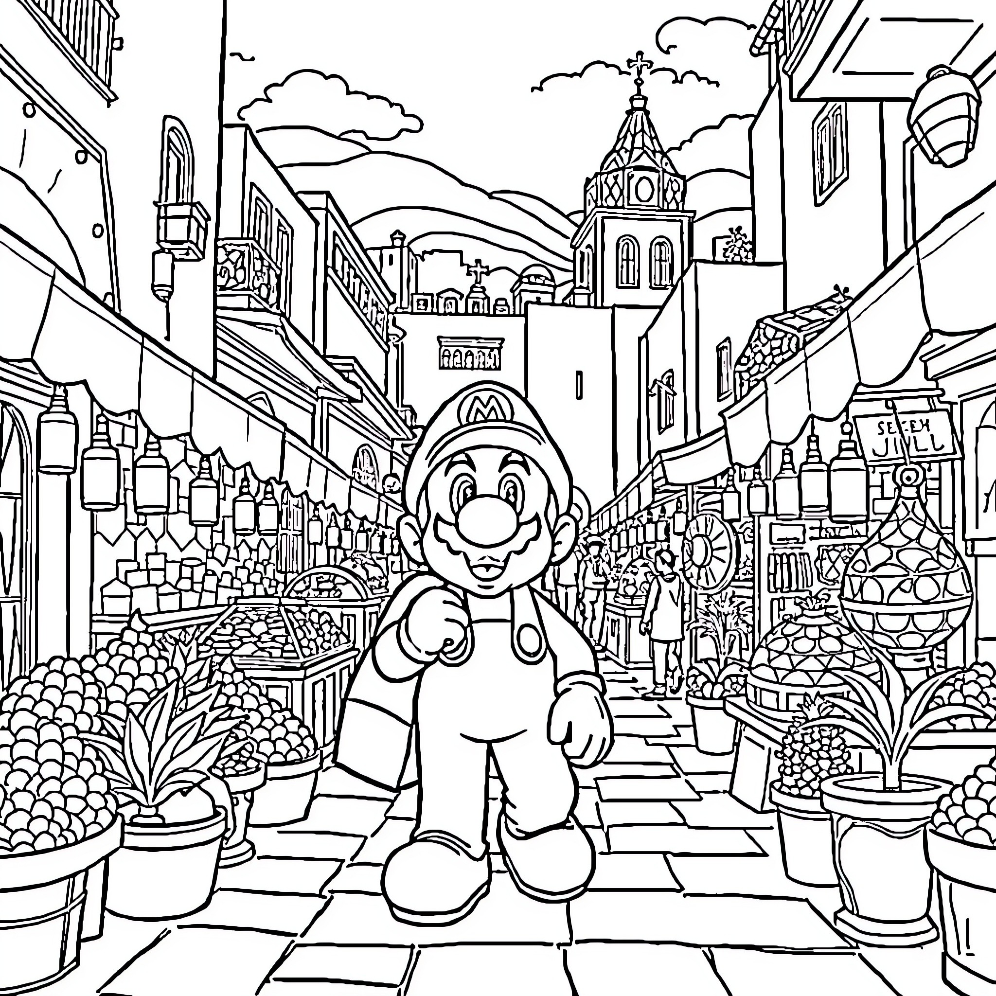 Mario Exploring a Vibrant Town Coloring Page (free black-and-white line drawing printable PDF for all, from beginners to advanced learners, including children, teens, adults, and seniors)