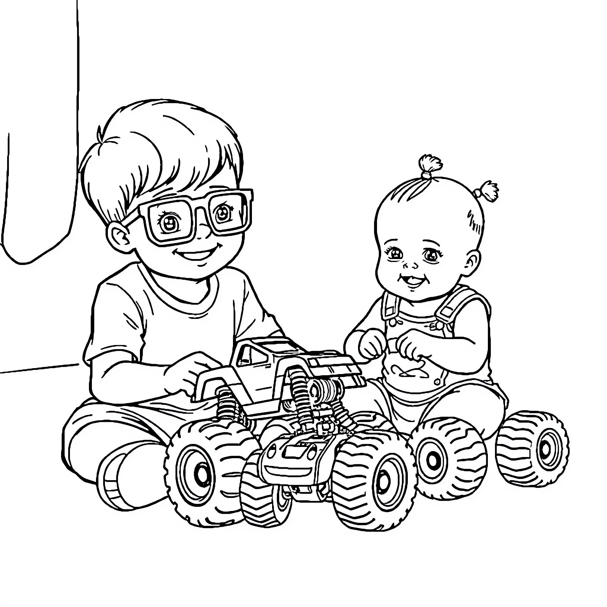 Boy playing with toys with friend Coloring Page (free black-and-white line drawing printable PDF for all, from beginners to advanced learners, including children, teens, adults, and seniors)