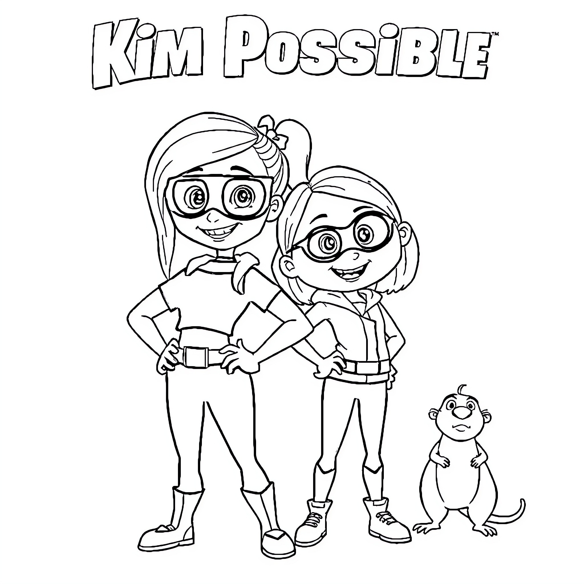 Kim Possible and her sidekick in action Coloring Page (free black-and-white line drawing printable PDF for all, from beginners to advanced learners, including children, teens, adults, and seniors)