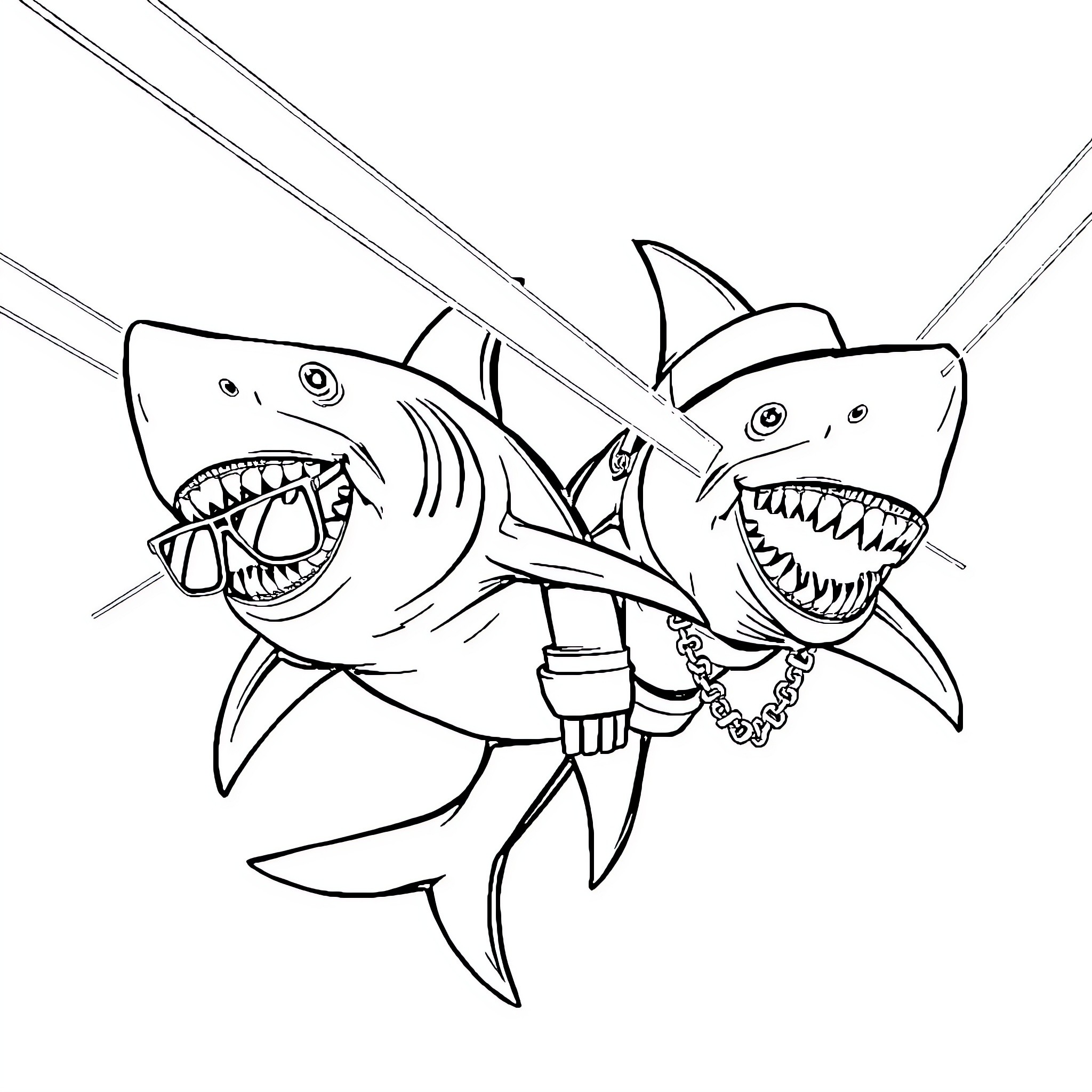 Shark duo with sharp teeth and chains Coloring Page (free black-and-white line drawing printable PDF for all, from beginners to advanced learners, including children, teens, adults, and seniors)