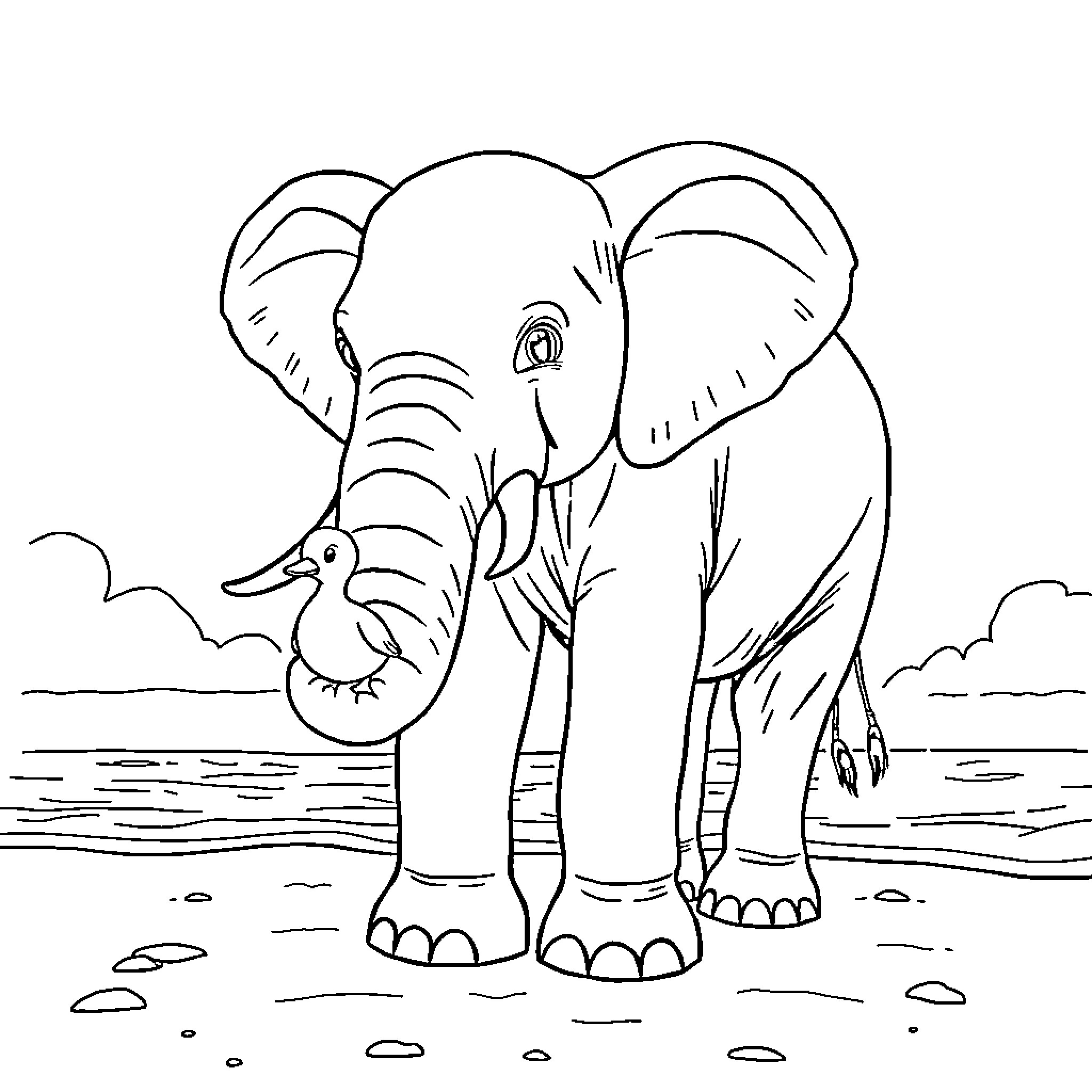 Elephant with duck near water Coloring Page (free black-and-white line drawing printable PDF for all, from beginners to advanced learners, including children, teens, adults, and seniors)