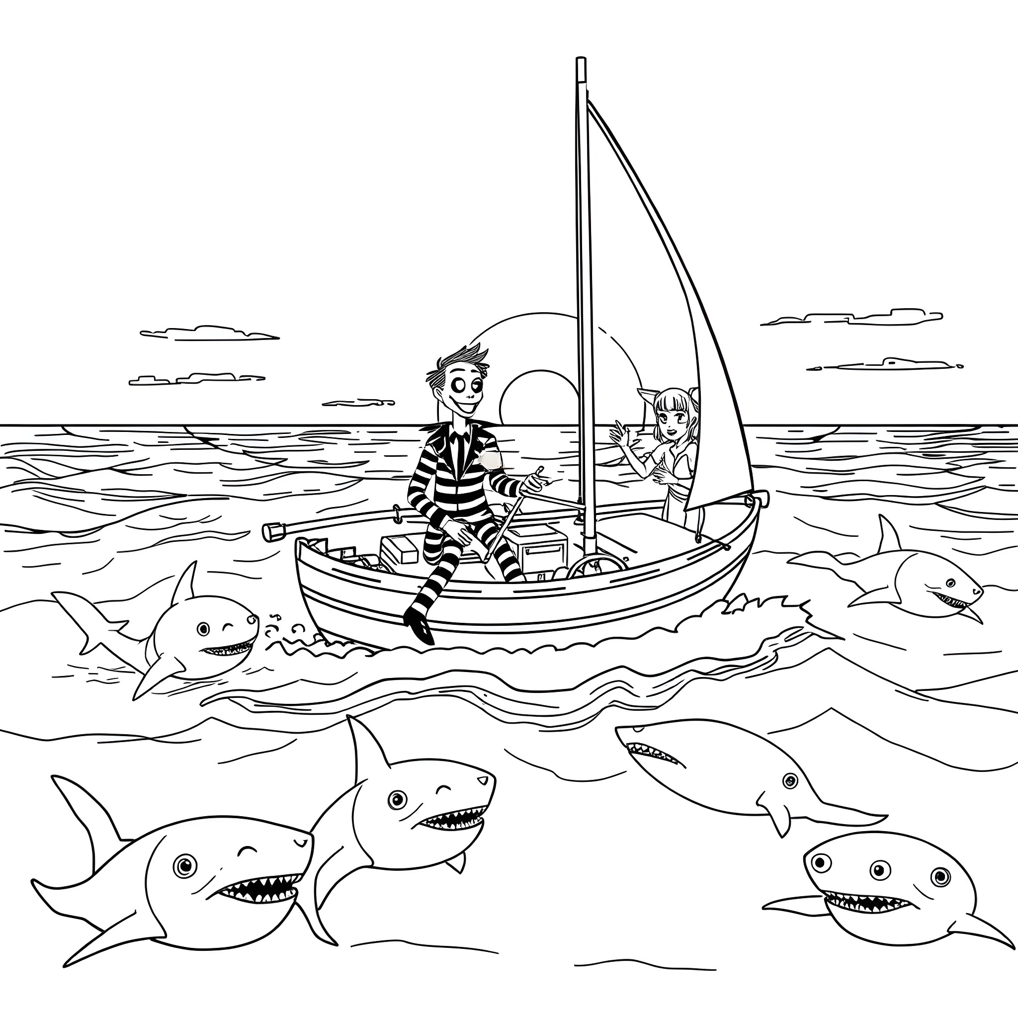 Beetlejuice sailing amidst mischievous sharks Coloring Page (free black-and-white line drawing printable PDF for all, from beginners to advanced learners, including children, teens, adults, and seniors)