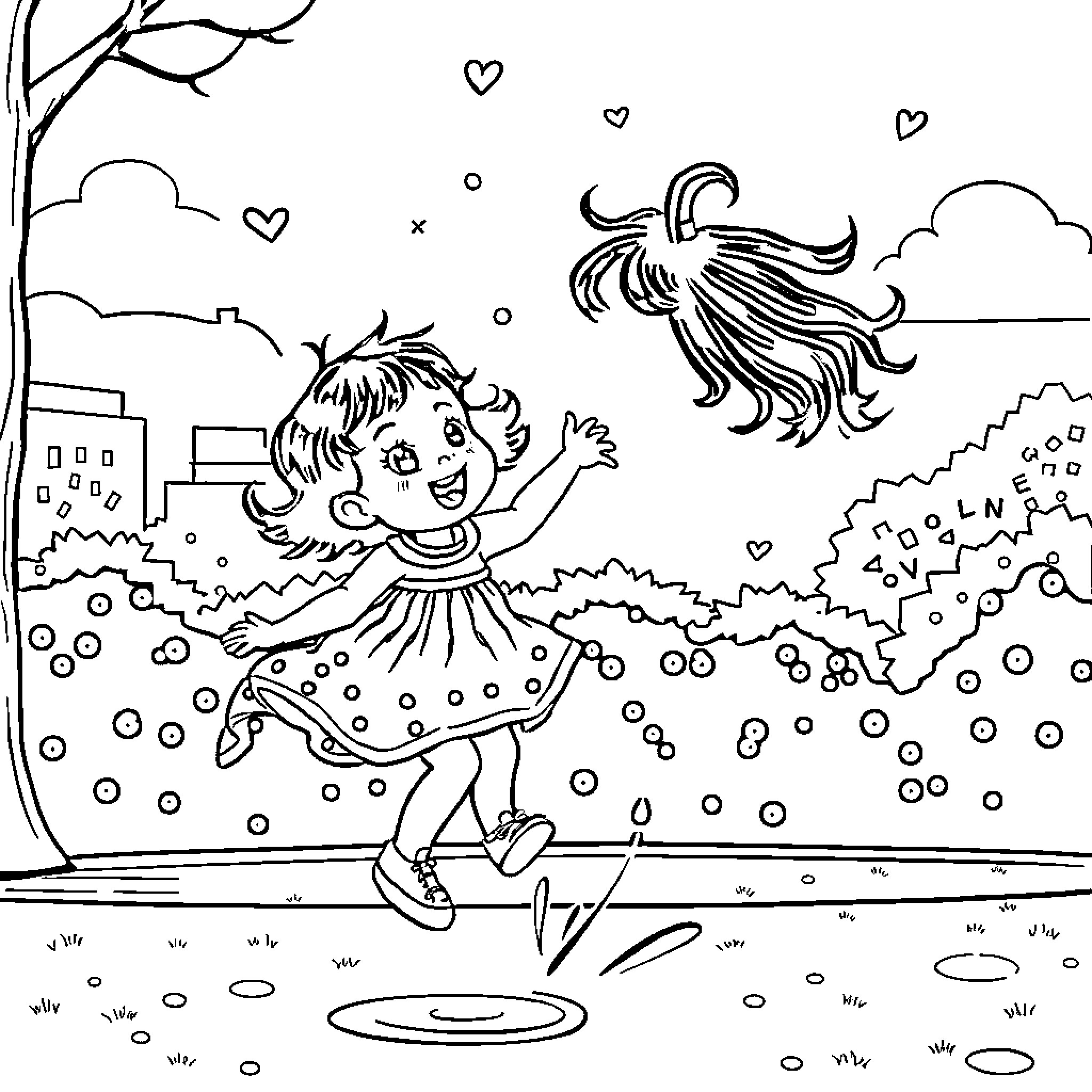 Bebe enjoying a playful dance in the park Coloring Page (free black-and-white line drawing printable PDF for all, from beginners to advanced learners, including children, teens, adults, and seniors)