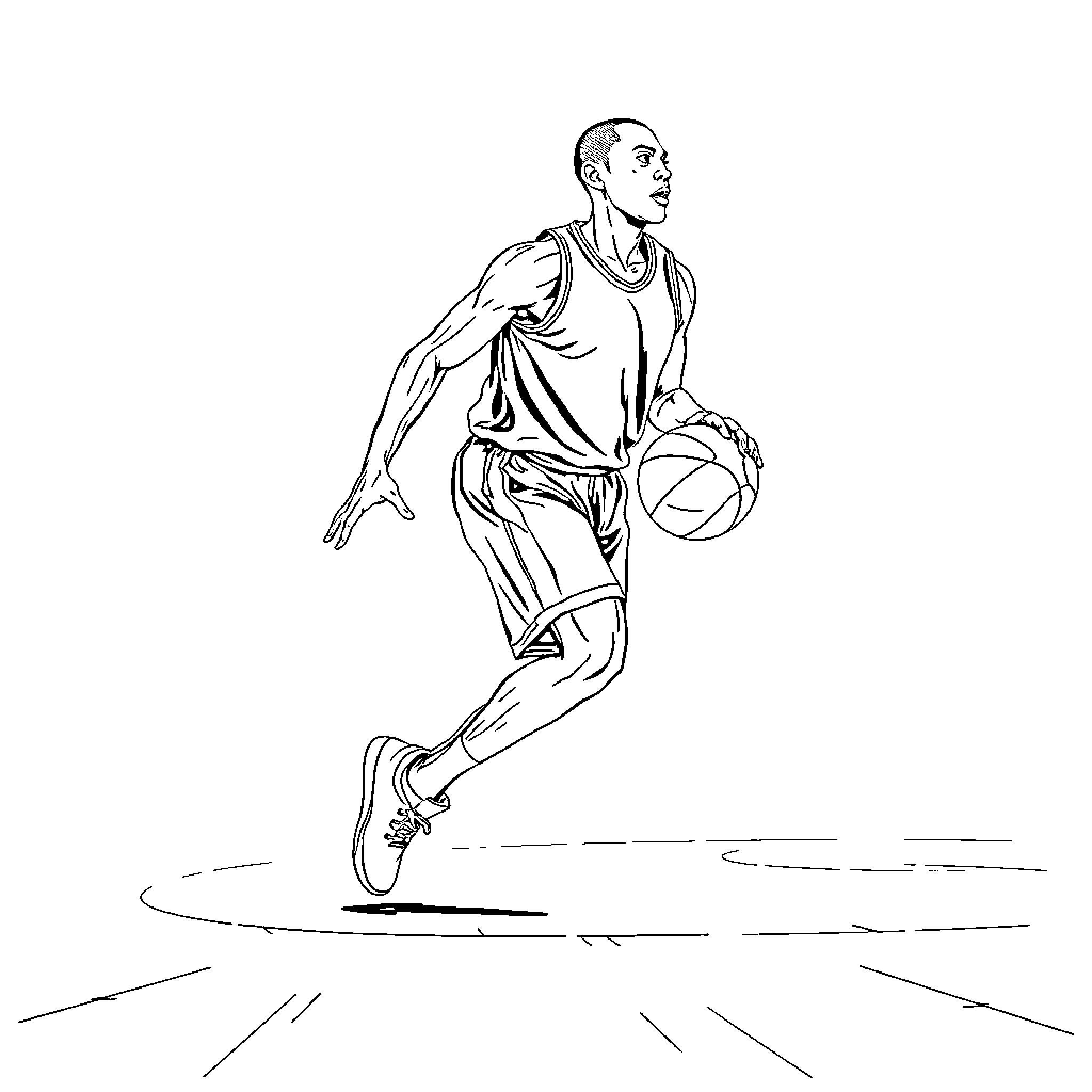 Basketball Player Dribbling and Running on Court Coloring Page (free black-and-white line drawing printable PDF for all, from beginners to advanced learners, including children, teens, adults, and seniors)