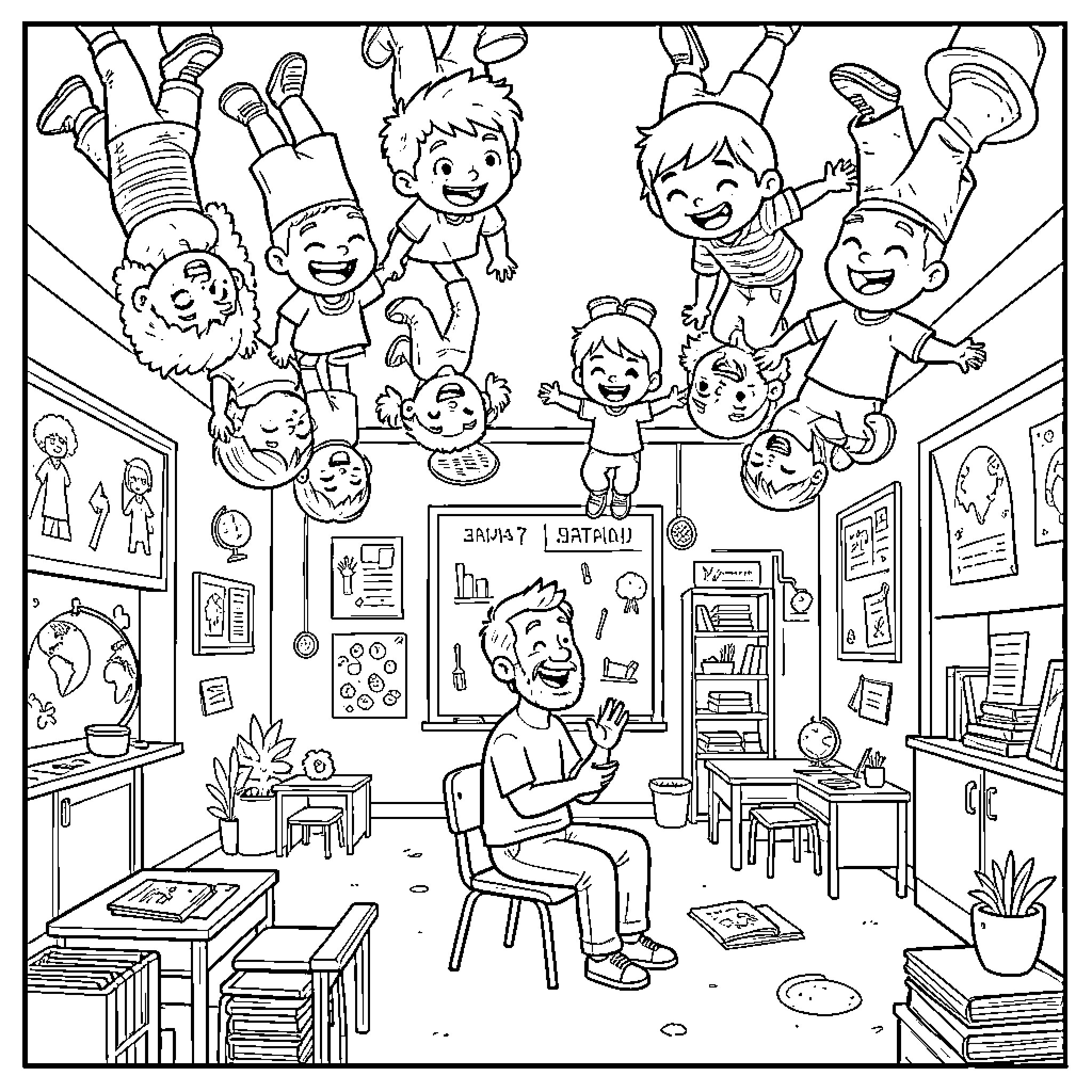 Upside Down World: Playful Children Exploring Imaginative Classroom Coloring Page (free black-and-white line drawing printable PDF for all, from beginners to advanced learners, including children, teens, adults, and seniors)