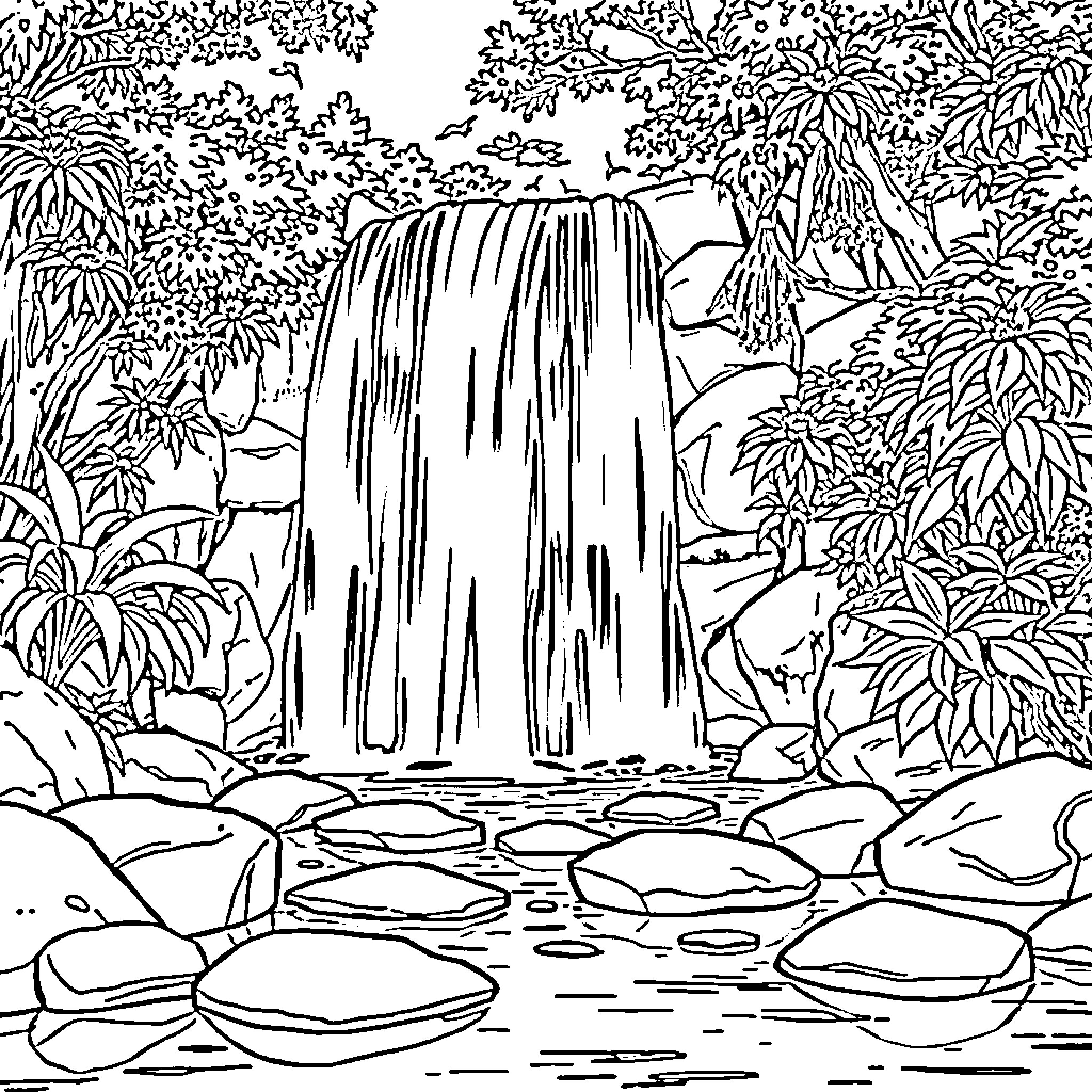 Waterfall in the lush jungle landscape Coloring Page (free black-and-white line drawing printable PDF for all, from beginners to advanced learners, including children, teens, adults, and seniors)