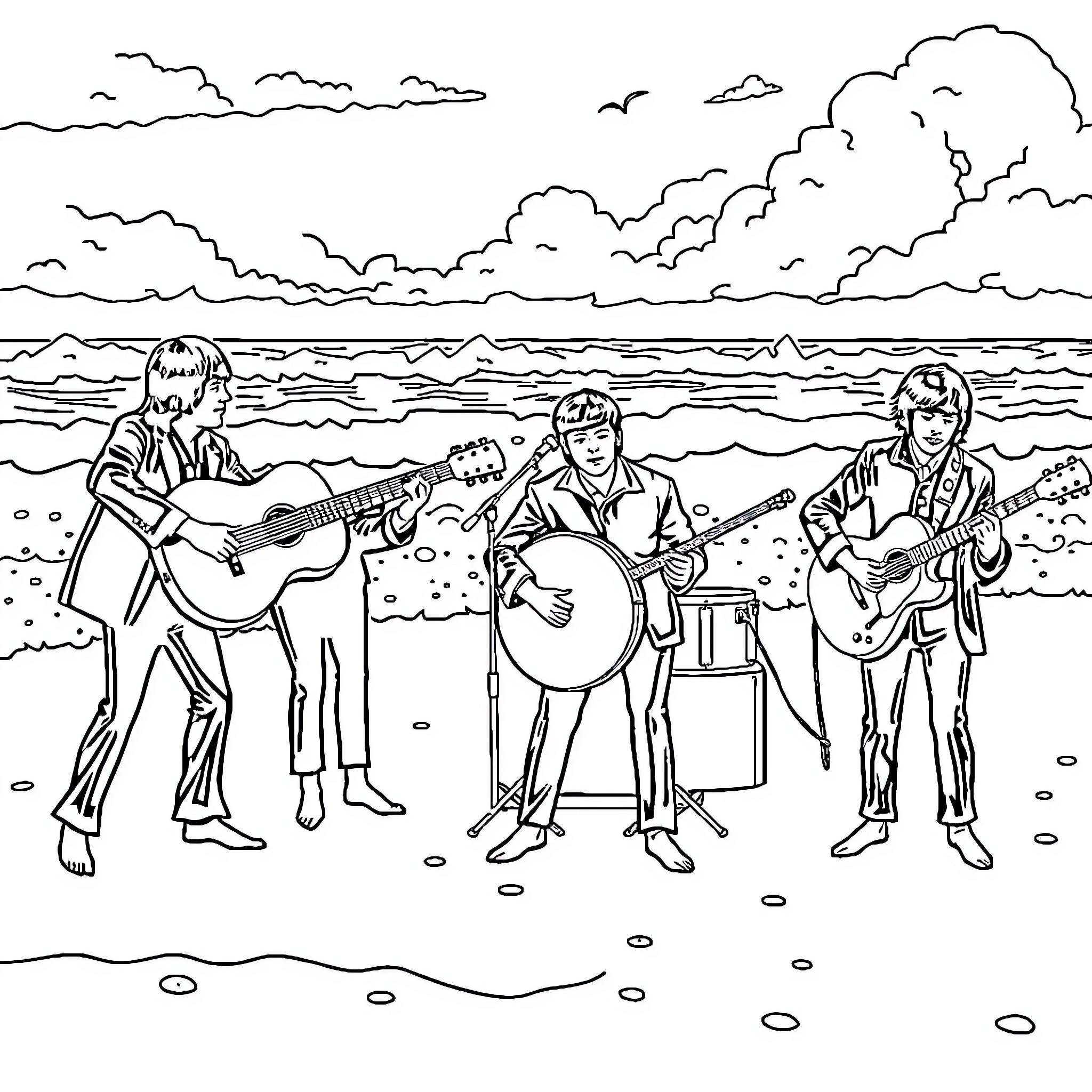 Beatles performing on the beach Coloring Page (free black-and-white line drawing printable PDF for all, from beginners to advanced learners, including children, teens, adults, and seniors)
