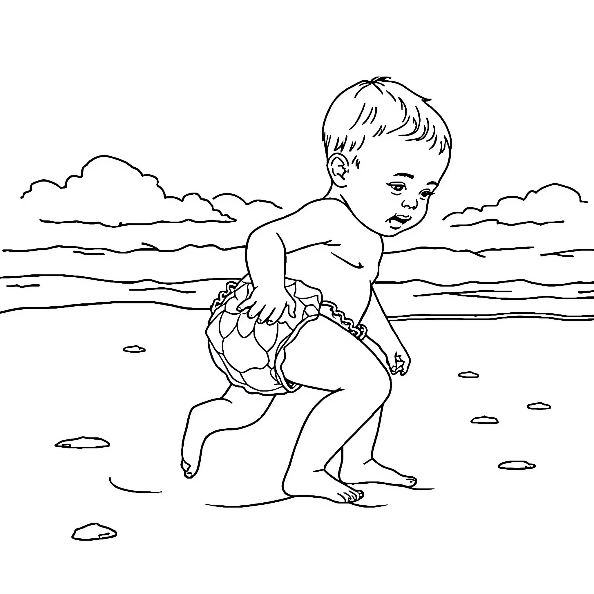 Baby playing happily on the beach Coloring Page (free black-and-white line drawing printable PDF for all, from beginners to advanced learners, including children, teens, adults, and seniors)