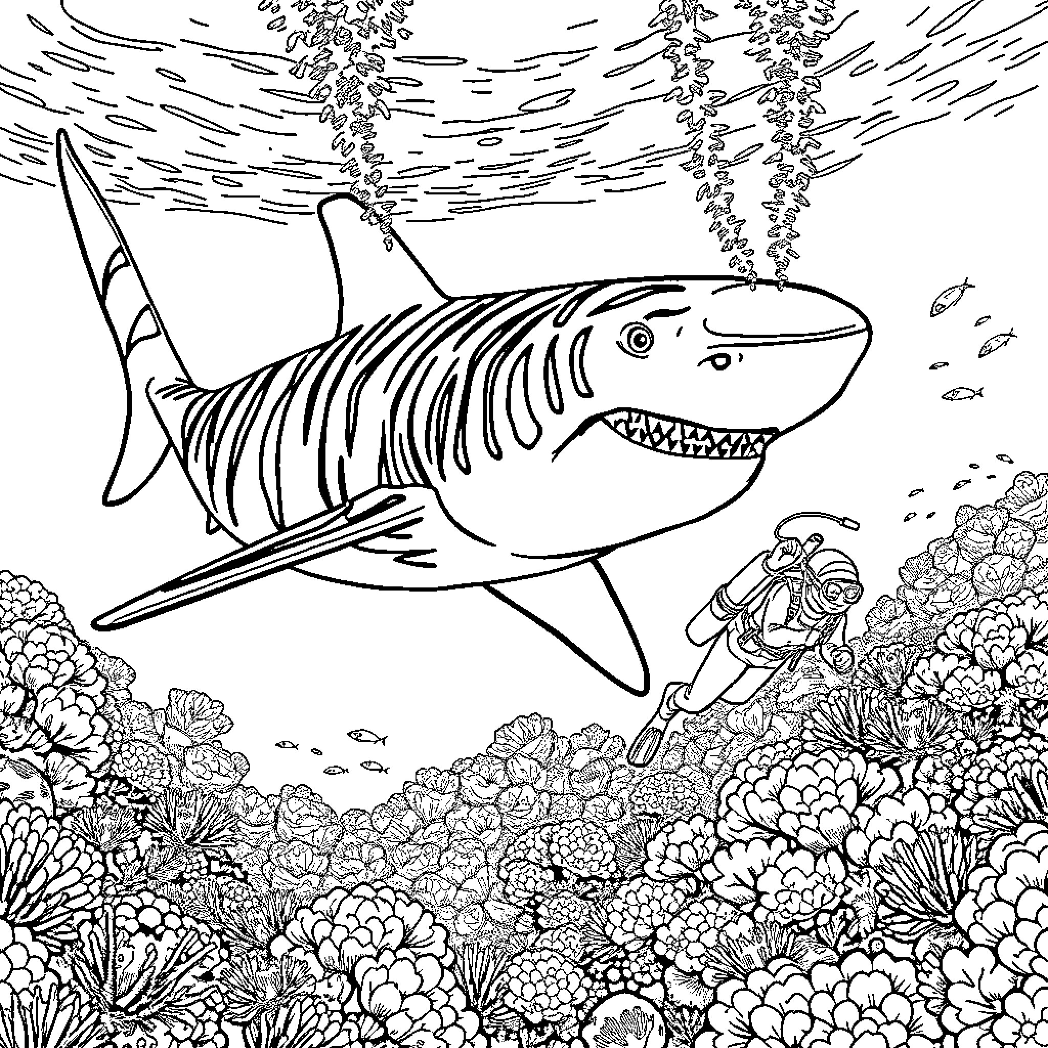 Tiger Shark swimming through vibrant coral reef Coloring Page (free black-and-white line drawing printable PDF for all, from beginners to advanced learners, including children, teens, adults, and seniors)