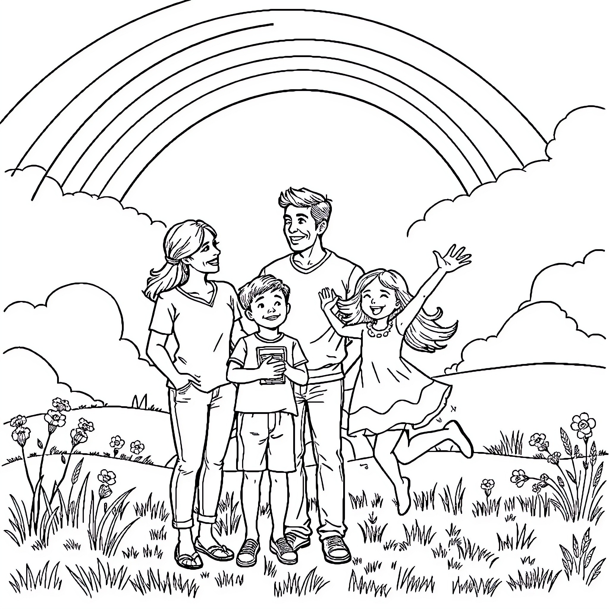 Family enjoying a sunny day outdoors Coloring Page (free black-and-white line drawing printable PDF for all, from beginners to advanced learners, including children, teens, adults, and seniors)