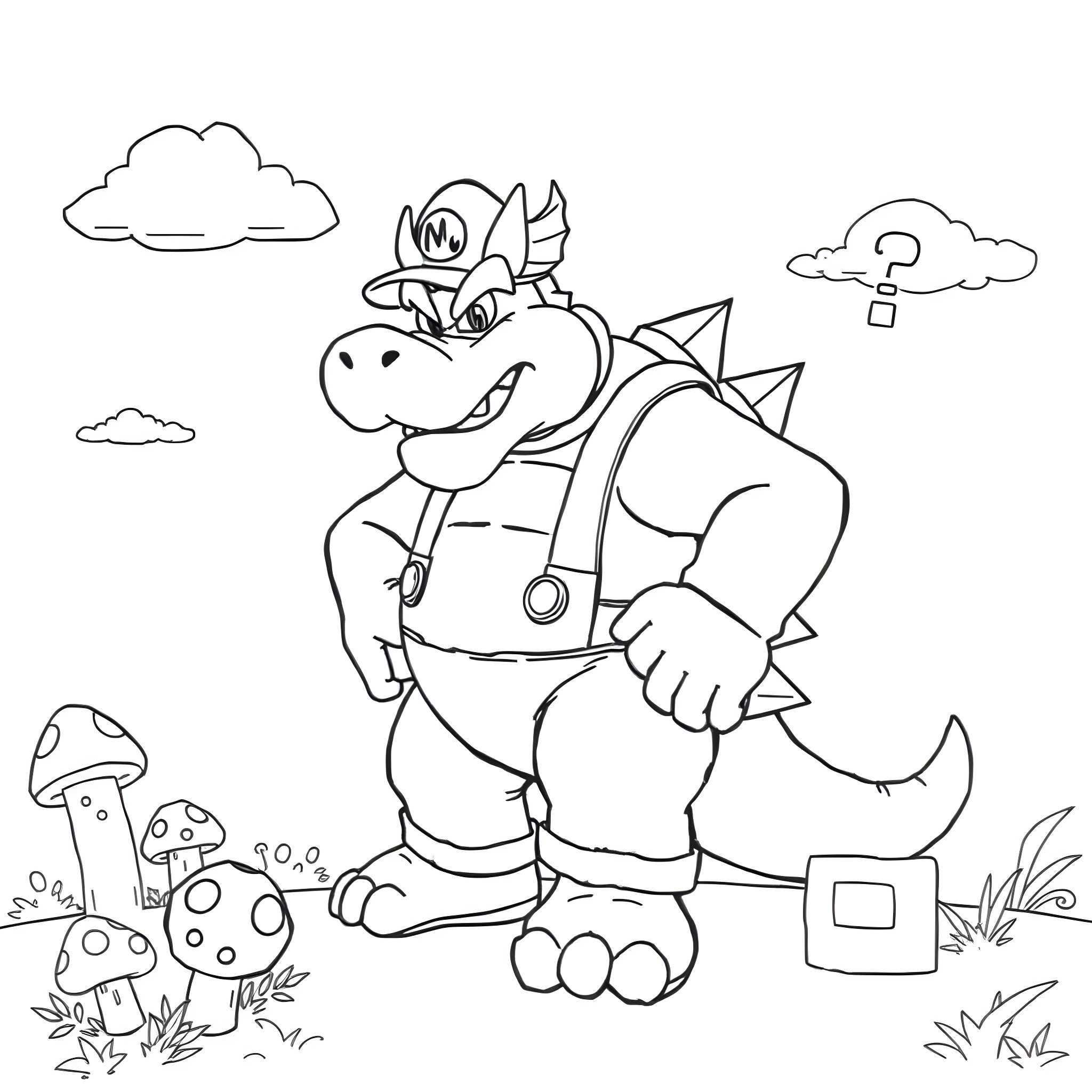 Bowser exploring the whimsical forest Coloring Page (free black-and-white line drawing printable PDF for all, from beginners to advanced learners, including children, teens, adults, and seniors)