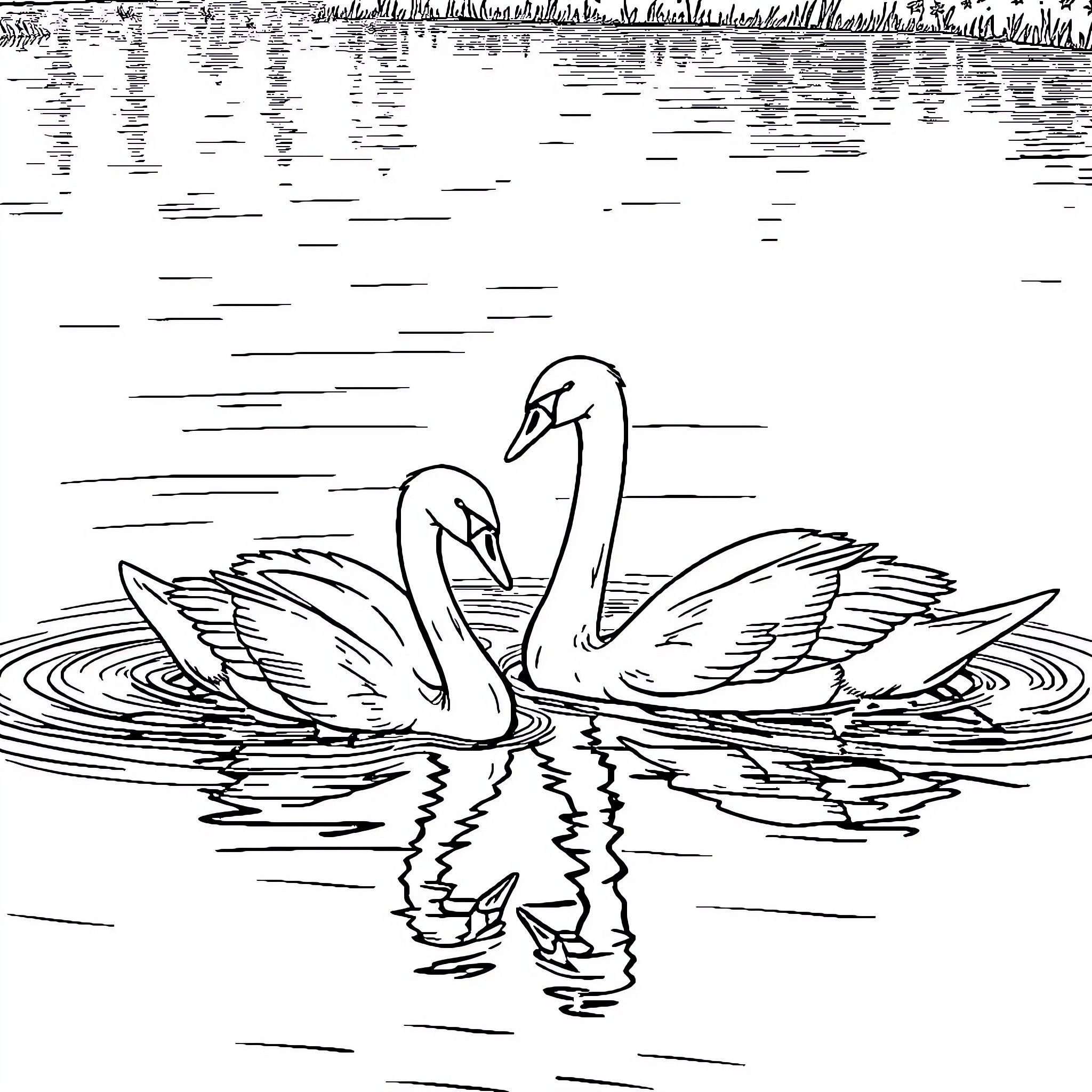 Swan pair gliding gracefully on tranquil waters Coloring Page (free black-and-white line drawing printable PDF for all, from beginners to advanced learners, including children, teens, adults, and seniors)