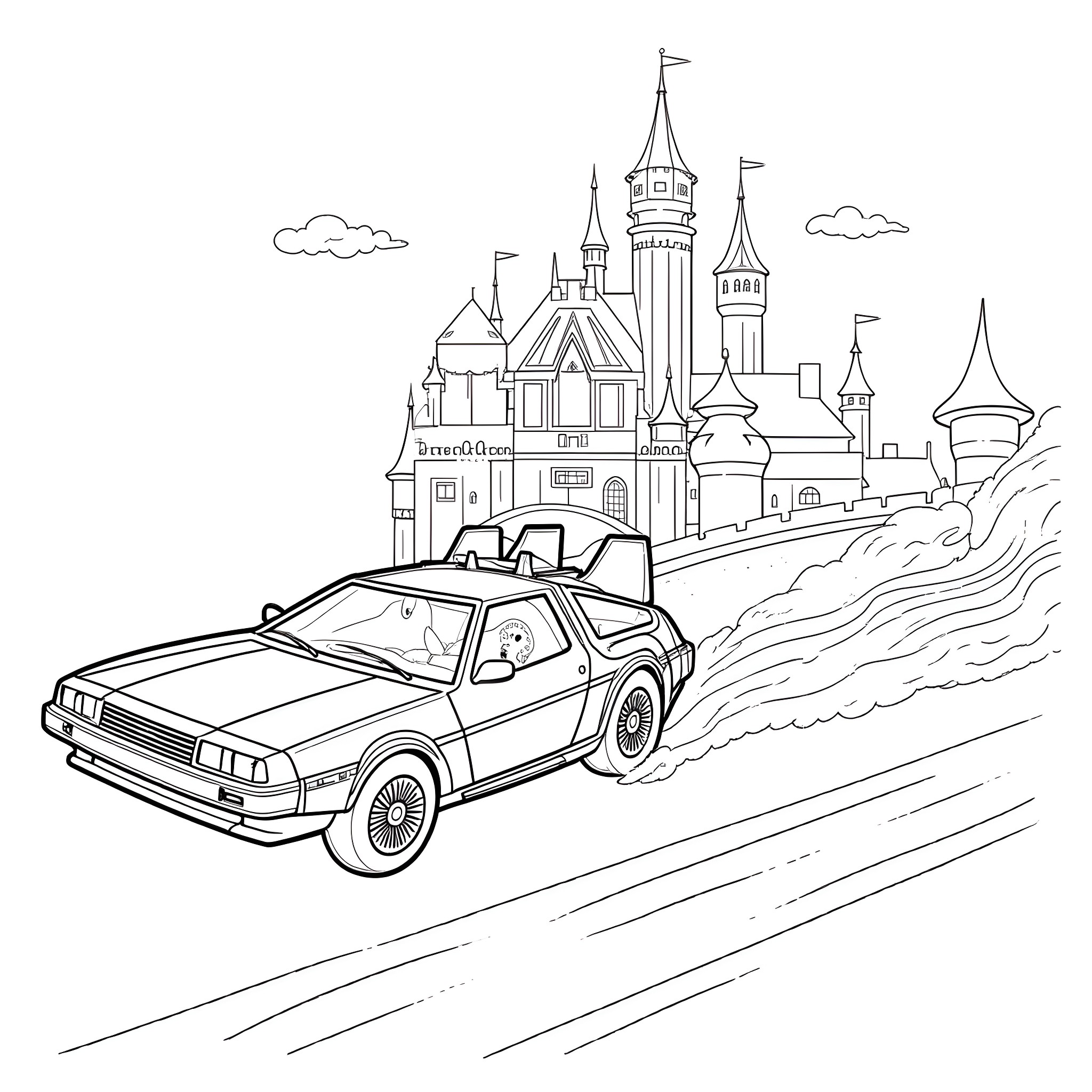 Snow White's Enchanted Castle Encounter Coloring Page (free black-and-white line drawing printable PDF for all, from beginners to advanced learners, including children, teens, adults, and seniors)