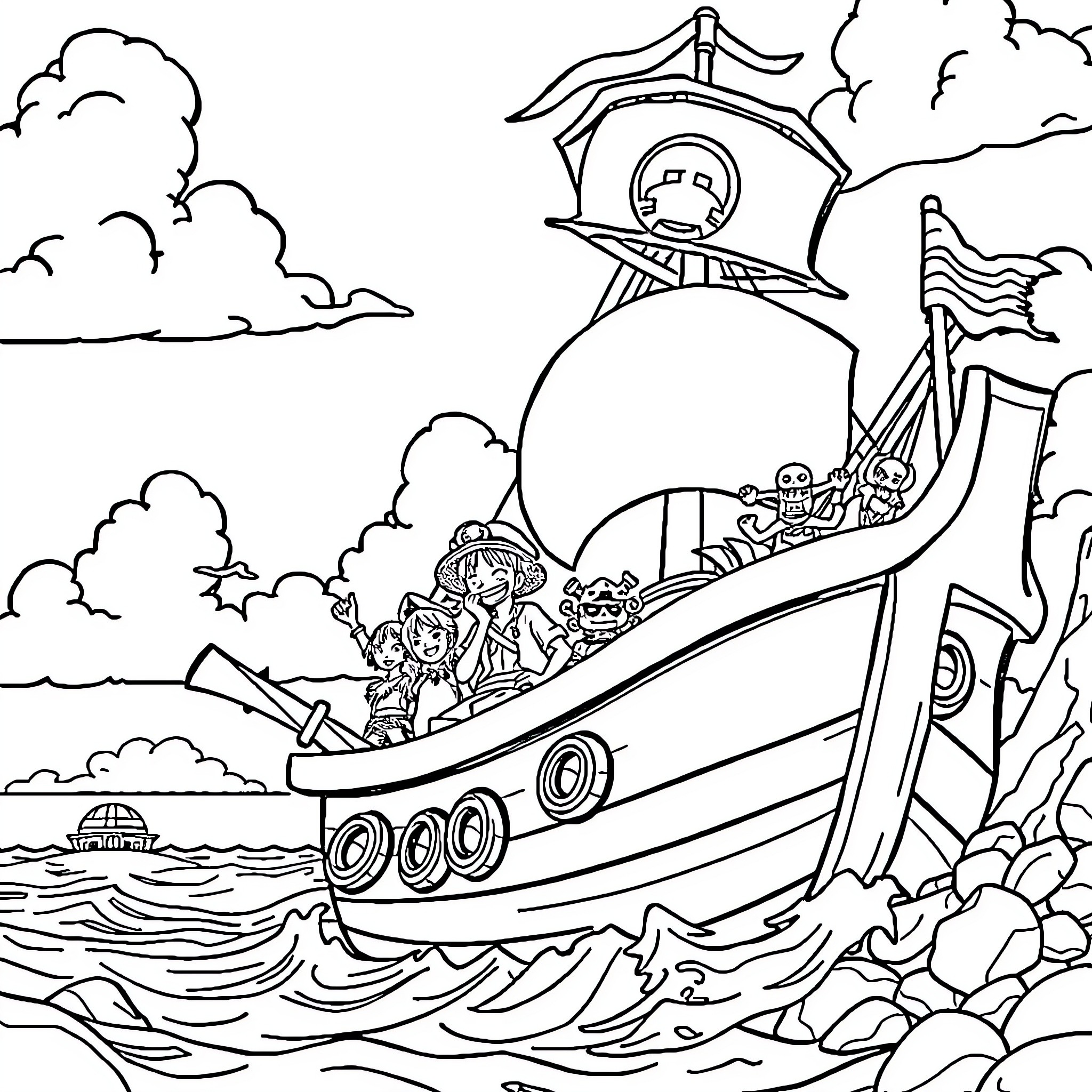 One Piece Crew Sailing on the High Seas Coloring Page (free black-and-white line drawing printable PDF for all, from beginners to advanced learners, including children, teens, adults, and seniors)