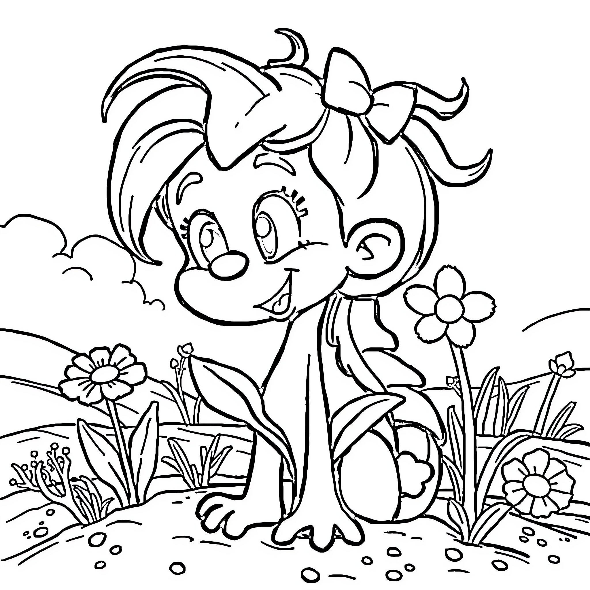 Sprout the Cheerful Cartoon Character in Nature Coloring Page (free black-and-white line drawing printable PDF for all, from beginners to advanced learners, including children, teens, adults, and seniors)