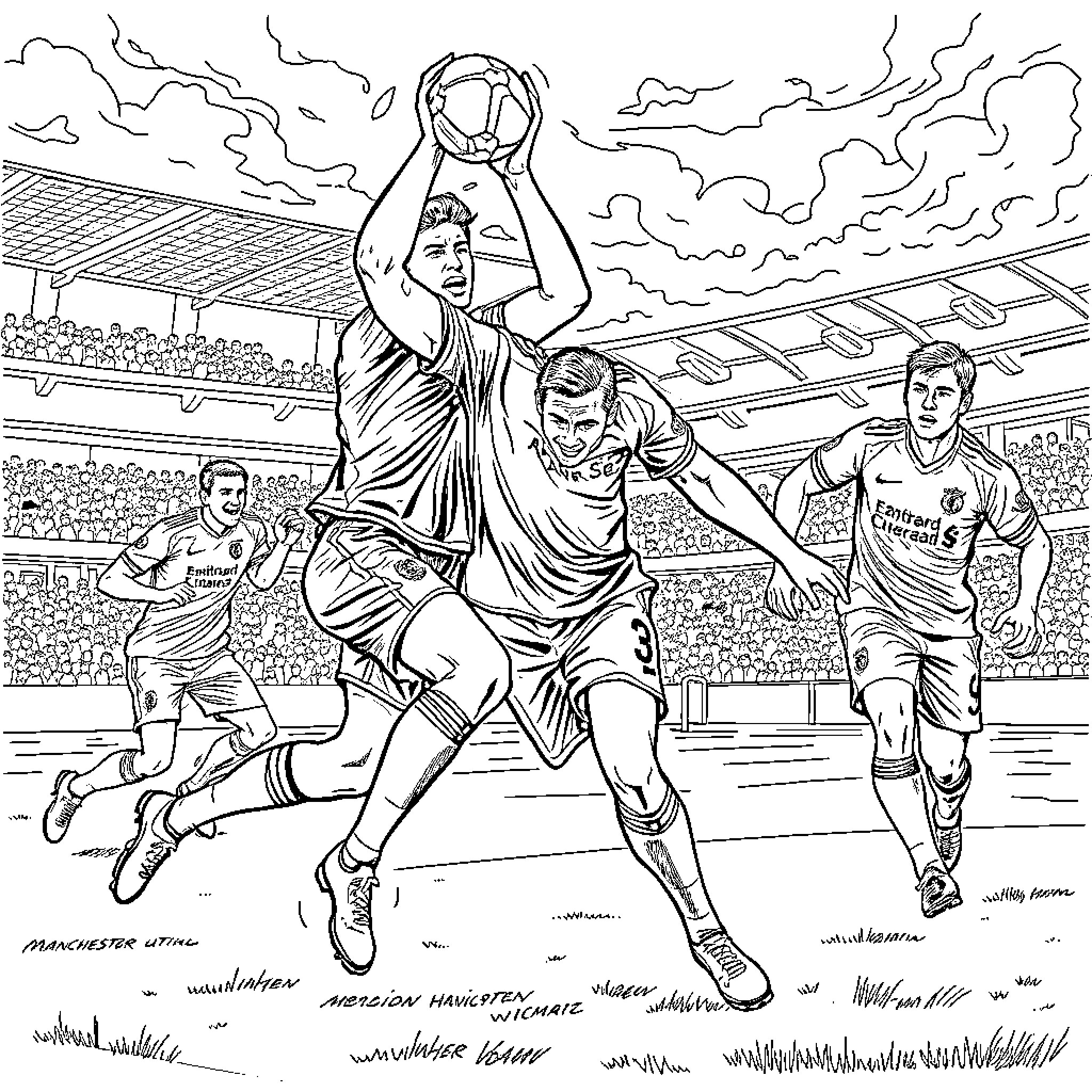 Man Utd players competing in a soccer match Coloring Page (free black-and-white line drawing printable PDF for all, from beginners to advanced learners, including children, teens, adults, and seniors)
