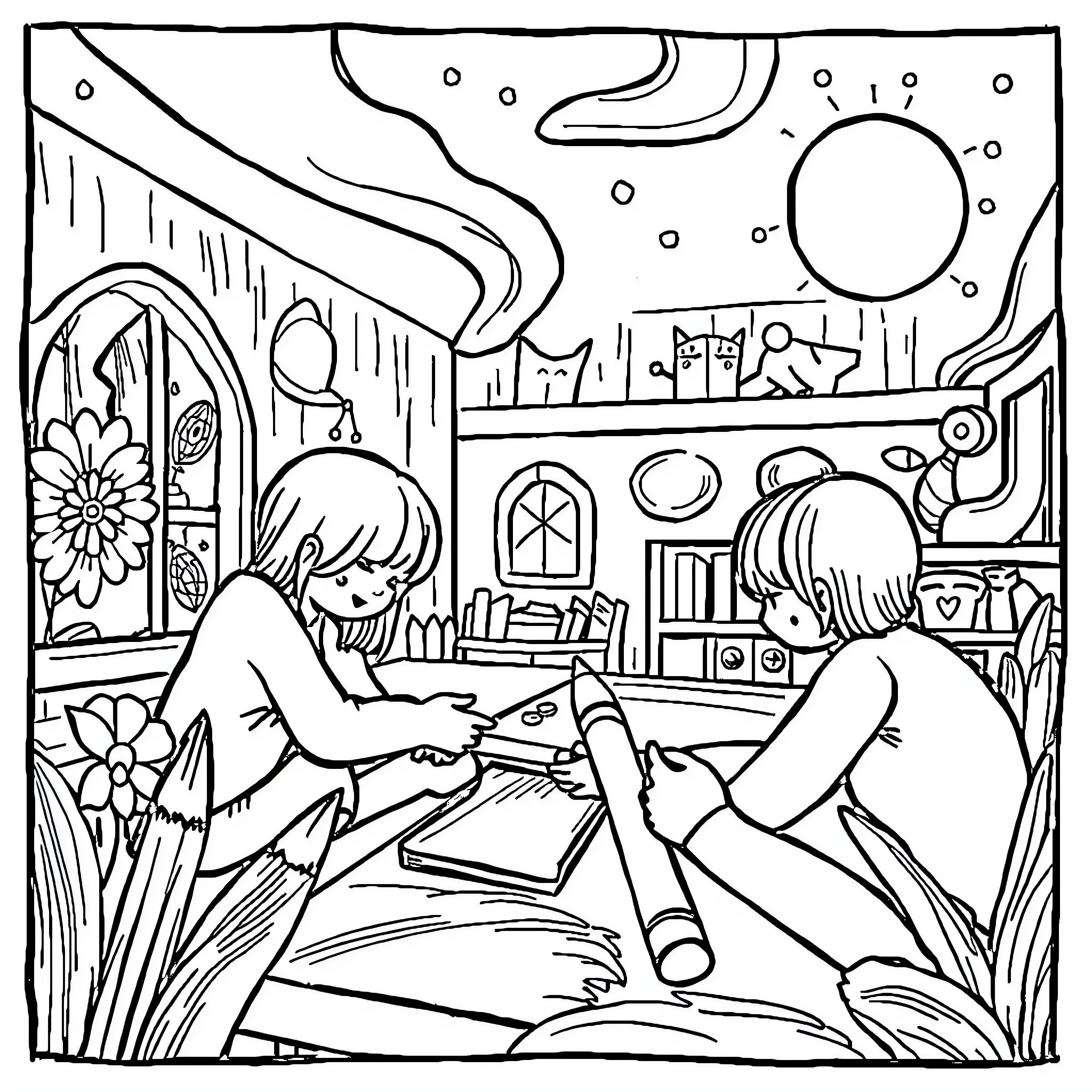 School Students Studying and Relaxing in Cozy Classroom Coloring Page (free black-and-white line drawing printable PDF for all, from beginners to advanced learners, including children, teens, adults, and seniors)