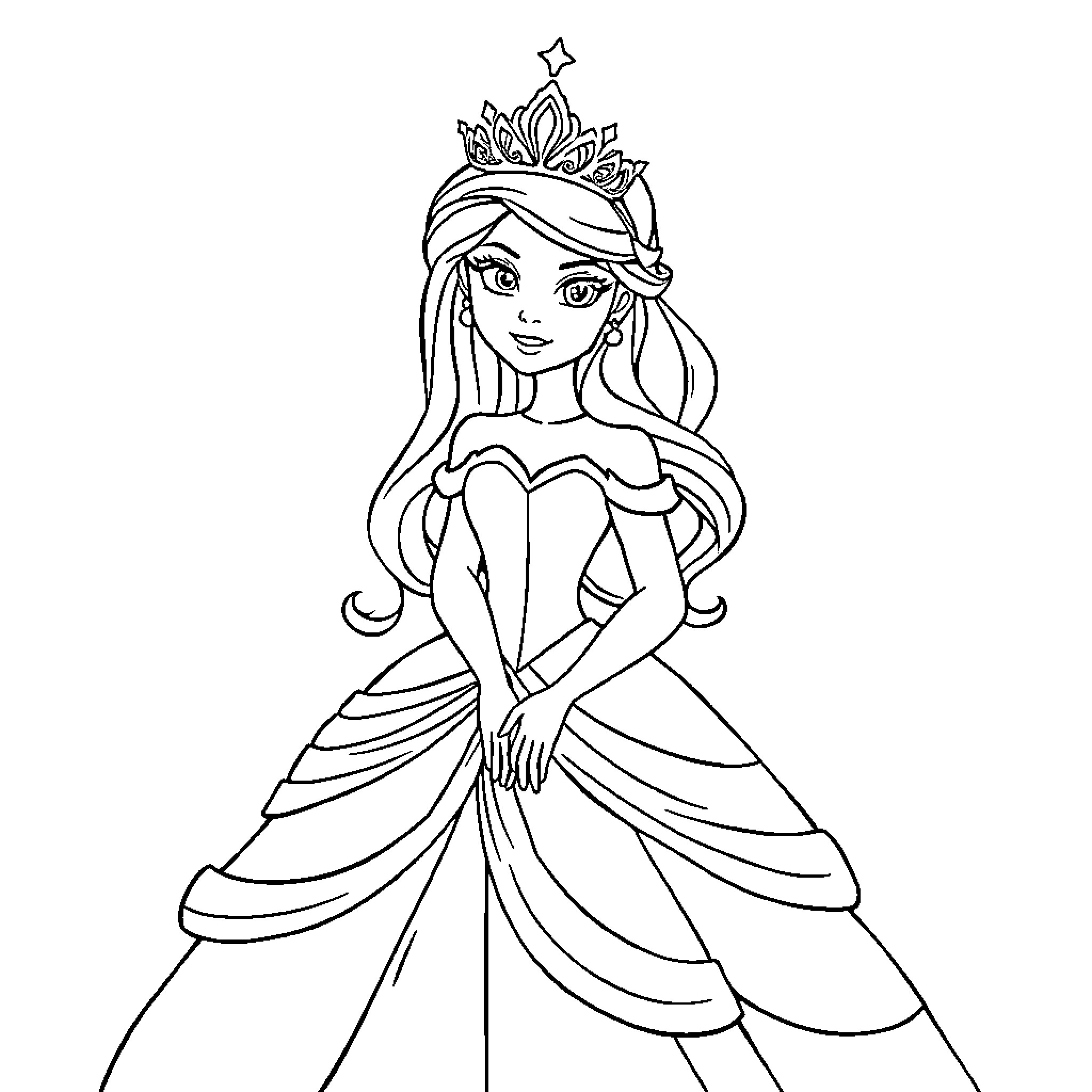 Disney Princess in Elegant Ballgown Pose Coloring Page (free black-and-white line drawing printable PDF for all, from beginners to advanced learners, including children, teens, adults, and seniors)