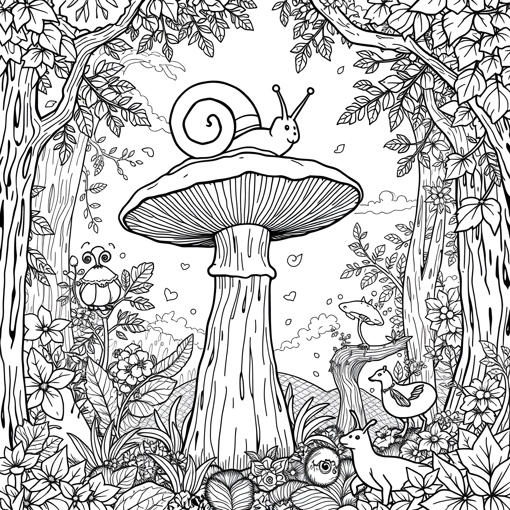 Snail exploring a whimsical mushroom forest Coloring Page (free black-and-white line drawing printable PDF for all, from beginners to advanced learners, including children, teens, adults, and seniors)