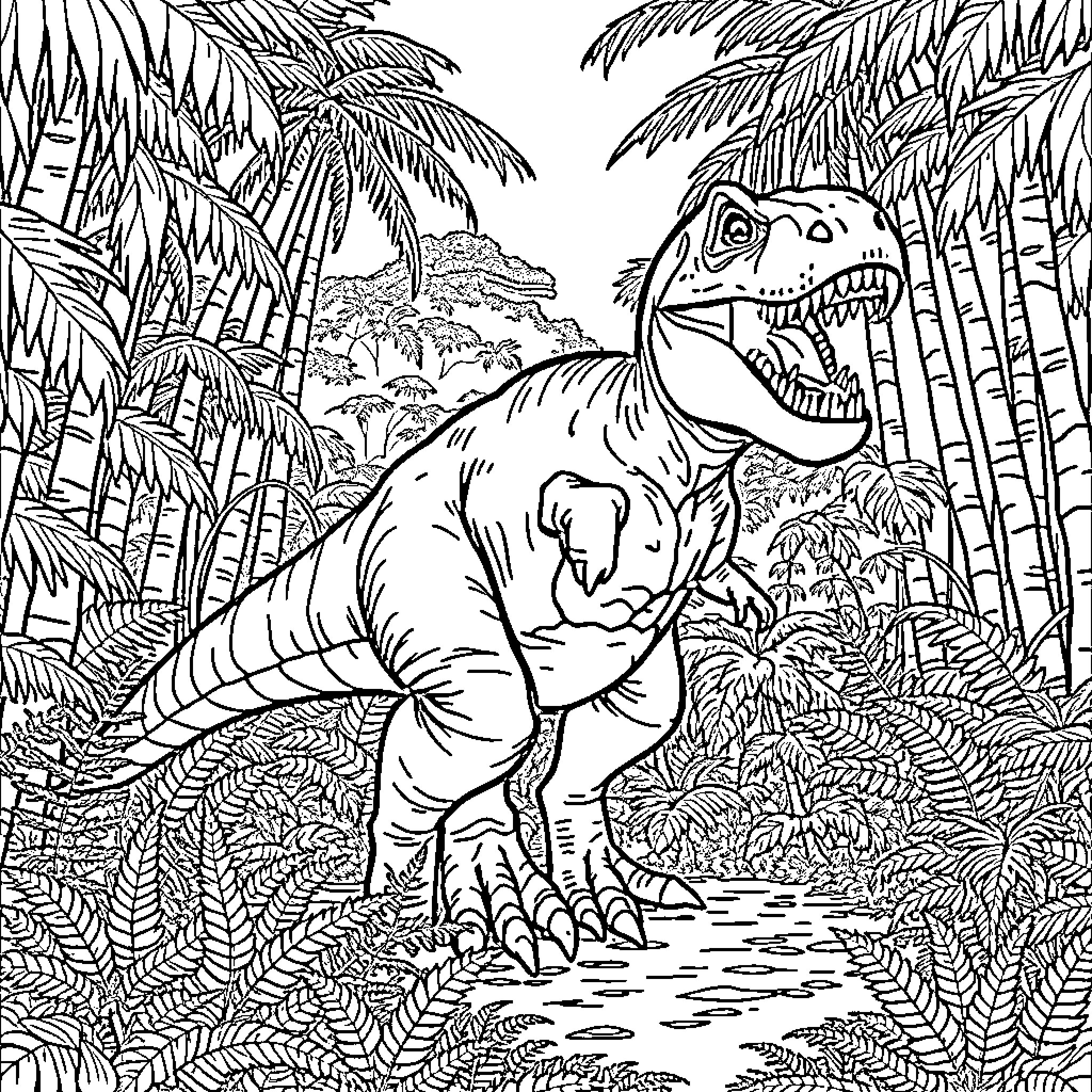 T-Rex Roaming Amidst Lush Jungle Foliage Coloring Page (free black-and-white line drawing printable PDF for all, from beginners to advanced learners, including children, teens, adults, and seniors)