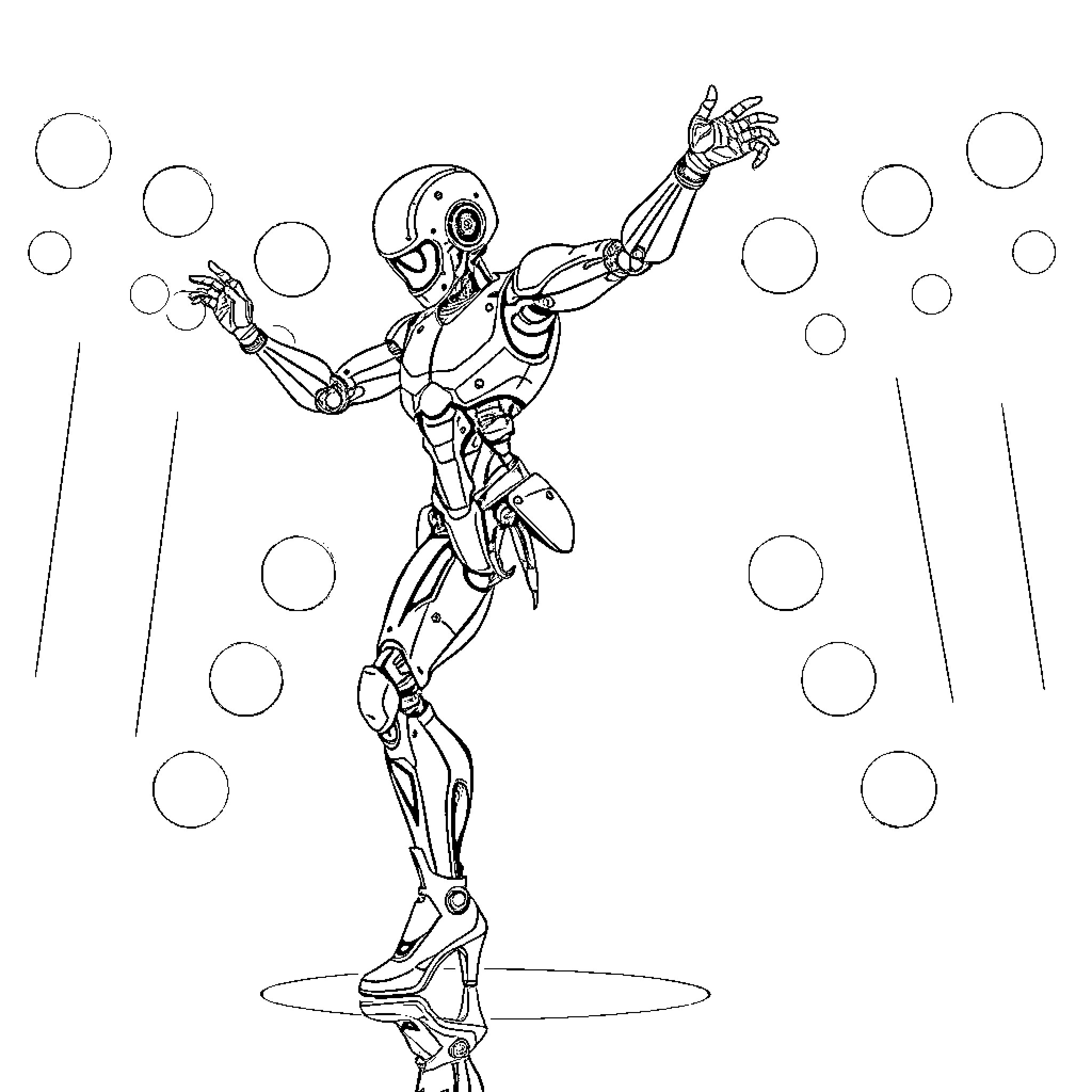 Dancer robot performing acrobatic moves Coloring Page (free black-and-white line drawing printable PDF for all, from beginners to advanced learners, including children, teens, adults, and seniors)